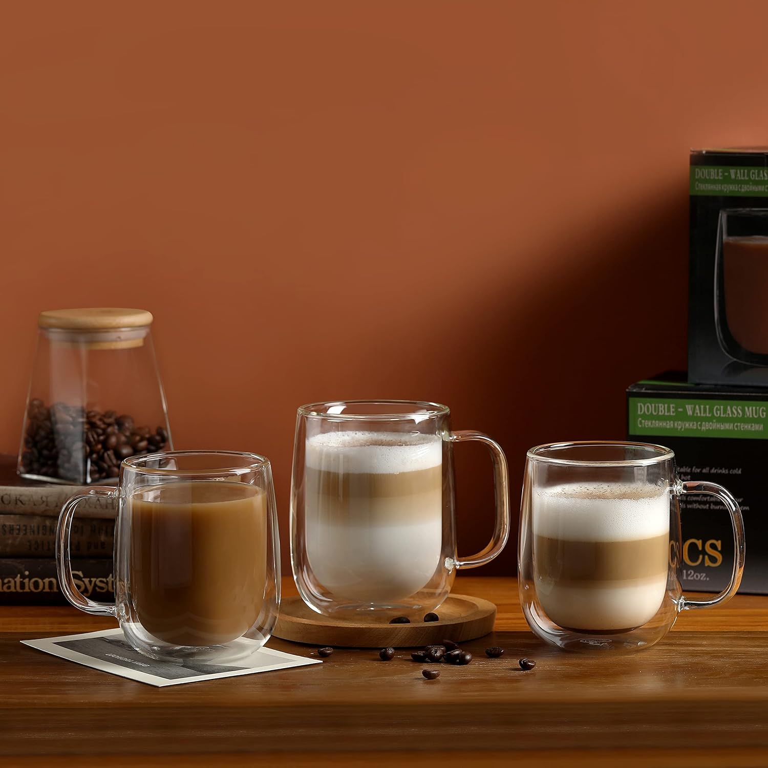CNGLASS Tazas de café de vidrio de 12 onzas, juego de tazas aisladas de doble pared con asa, tazas de café de vidrio transparente para café con