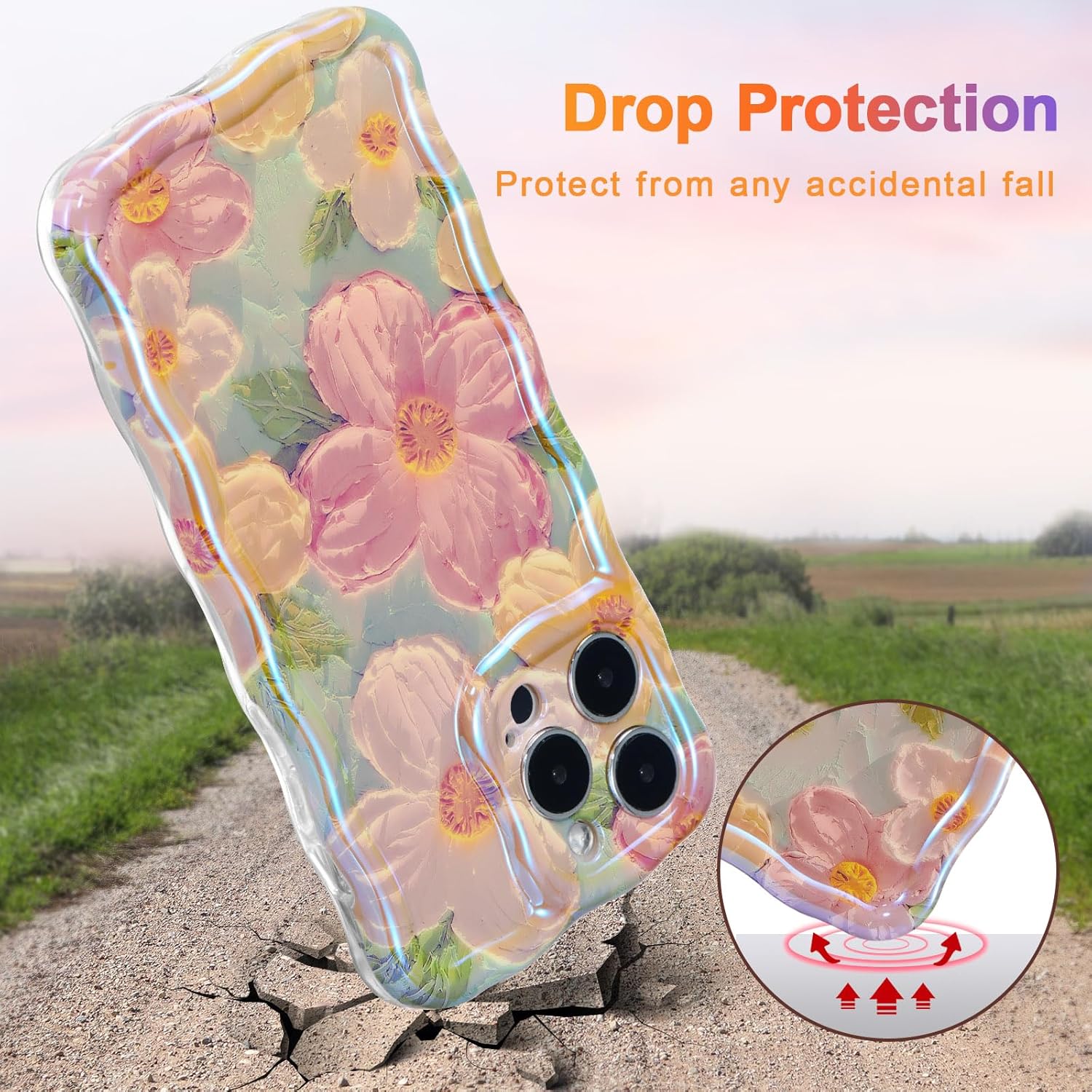 EYZUTAK Funda para iPhone 12 Pro, colorida pintura al óleo retro impresa flor láser patrón brillante lindo rizado borde exquisito teléfono cubierta