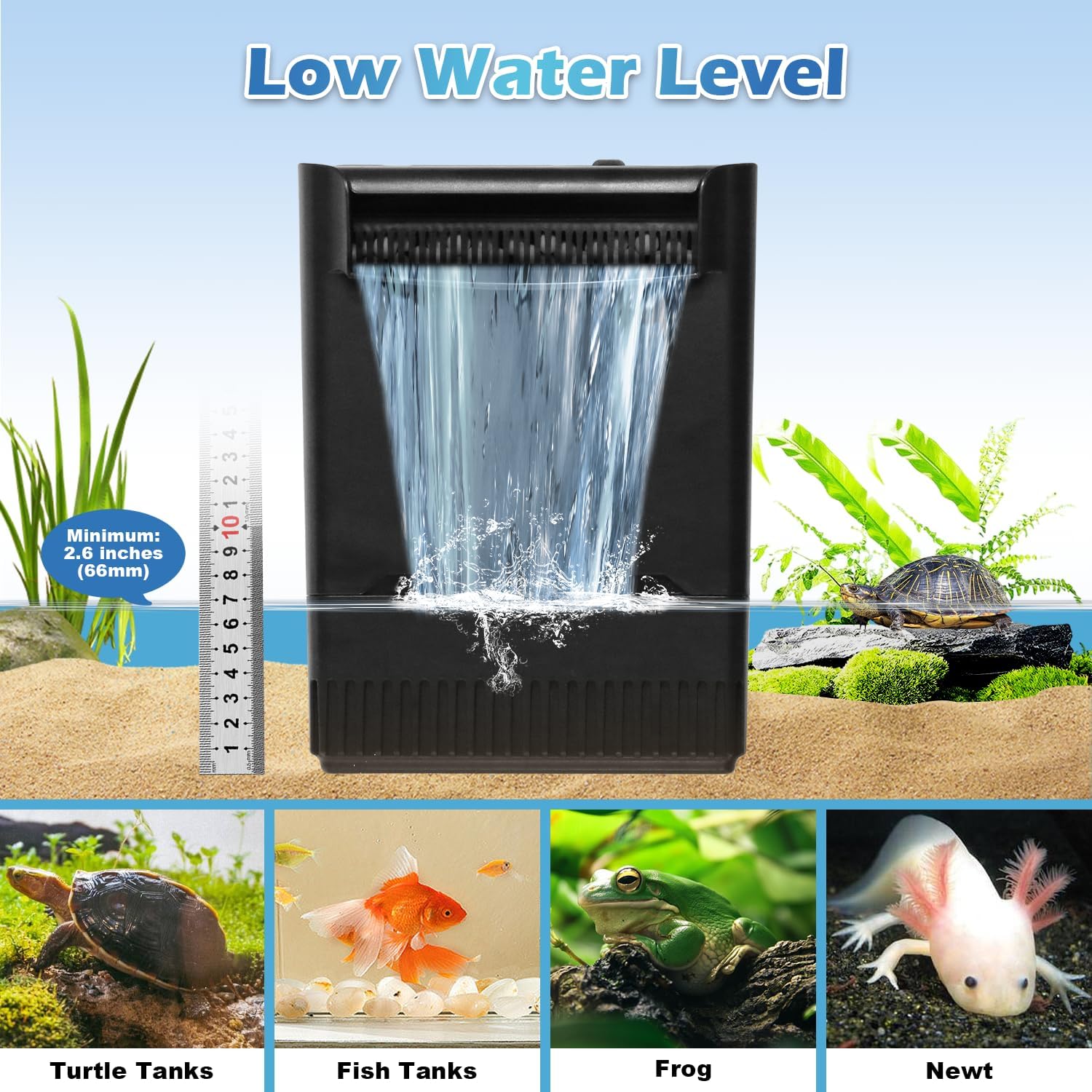 Filtro de tanque de tortuga, filtro de acuario, potencia ajustable, 30-55 galones. Filtro interno grande de 290 GPH en cascada de 3 etapas,