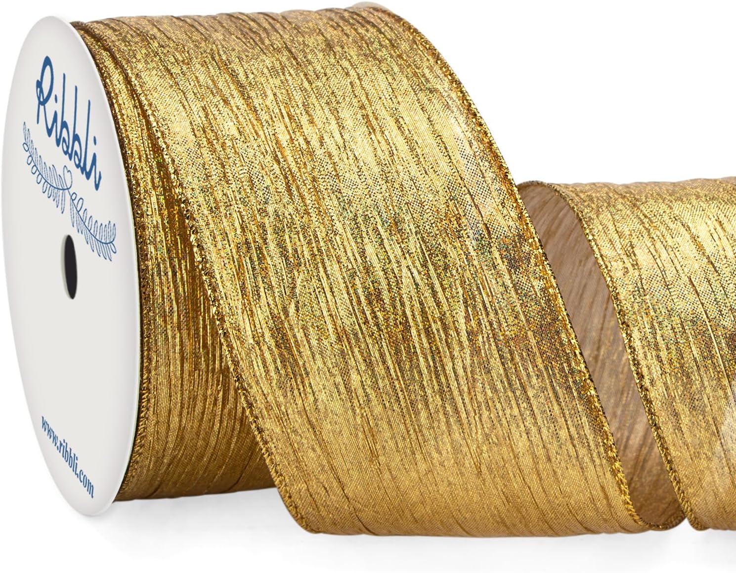 Ribbli Cinta dorada arrugada con alambre con borde dorado metálico, cinta de Navidad dorada iridiscente para guirnaldas, coronas, lazo superior,