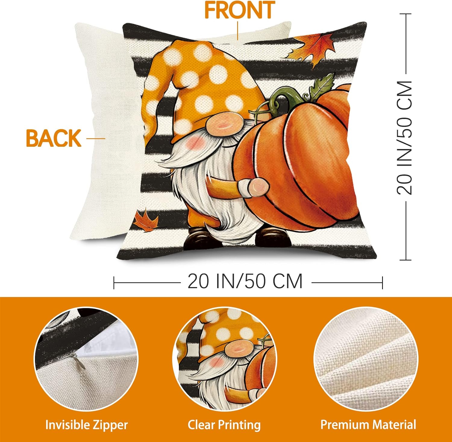 Juego de 4 fundas de almohada decorativas de otoño con diseño de hojas de arce y calabaza de 20 x 20 pulgadas, diseño de gnomo con diseño de rayas