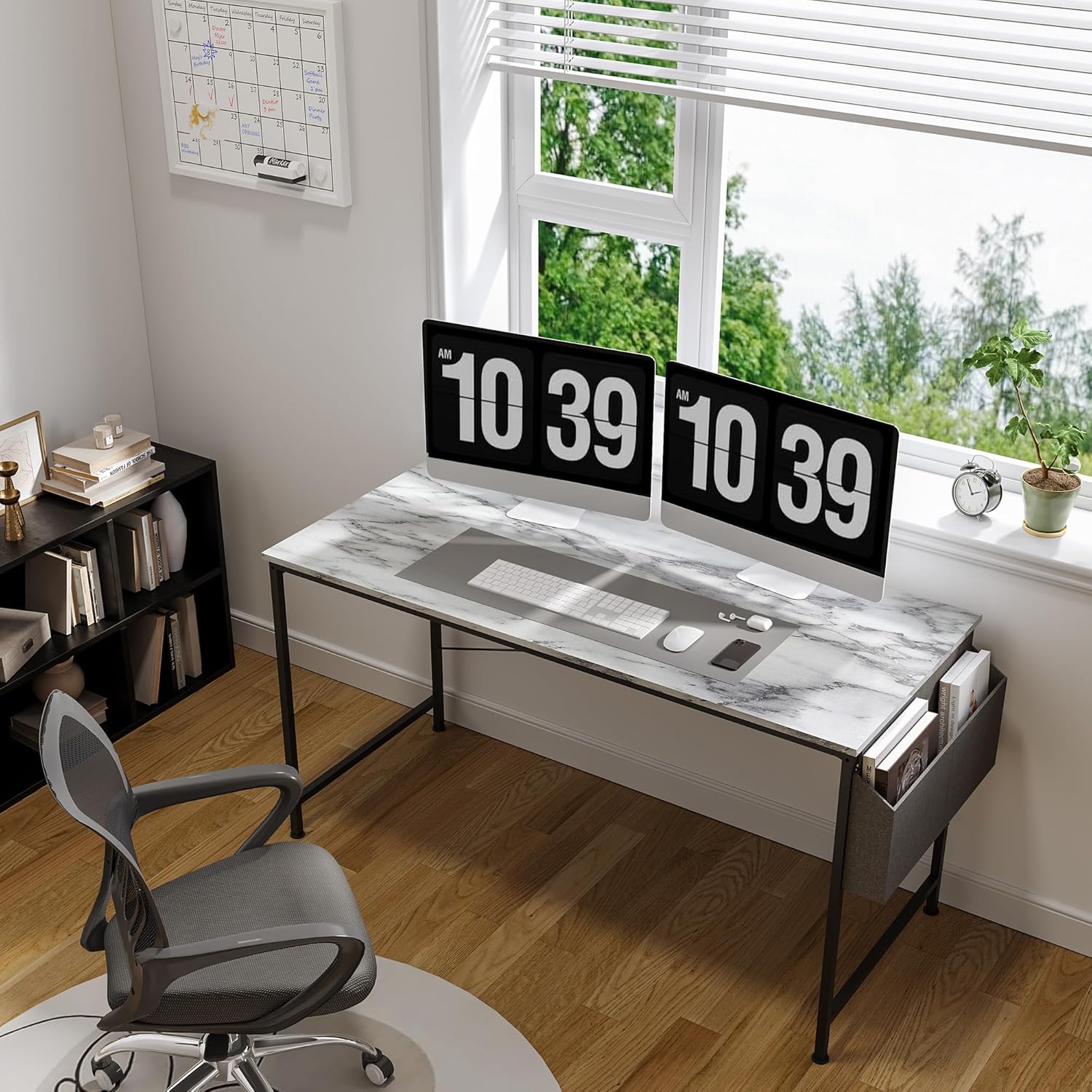 SANODESK Escritorio para computadora de 55 pulgadas con bolsa de almacenamiento, escritorio de oficina en casa con mesa de madera y marco de metal,