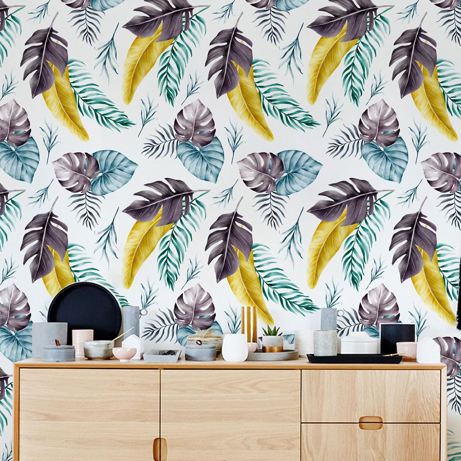 BaoHArtHome Papel tapiz de palmeras tropicales, removible, hojas de oro verde, bohemio, fácil de despegar, autoadhesivo, impermeable, para