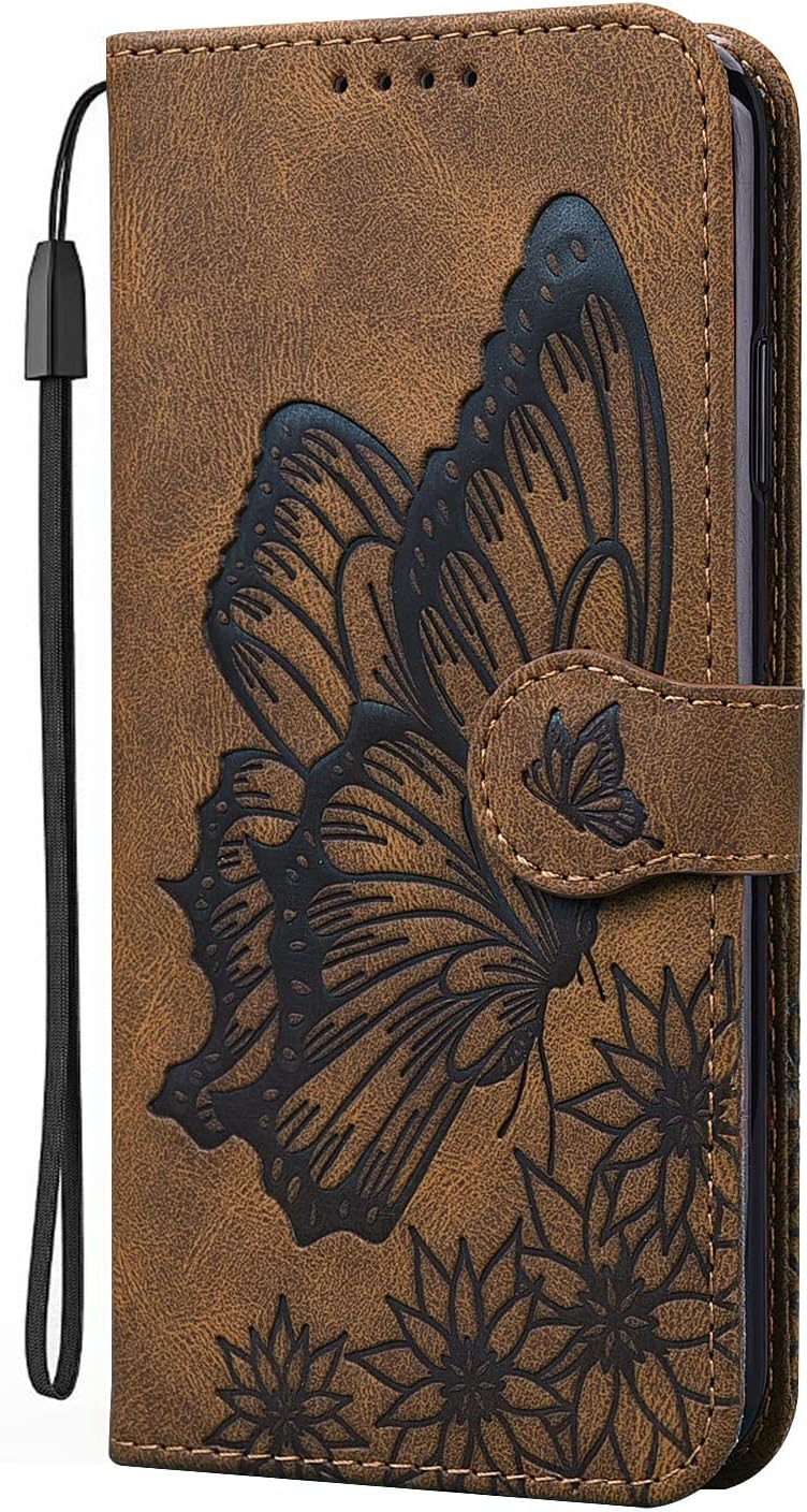 Funda tipo cartera compatible con iPhone 15, piel sintética, diseño de mariposa, funda de silicona suave con tarjetero y función atril, cierre