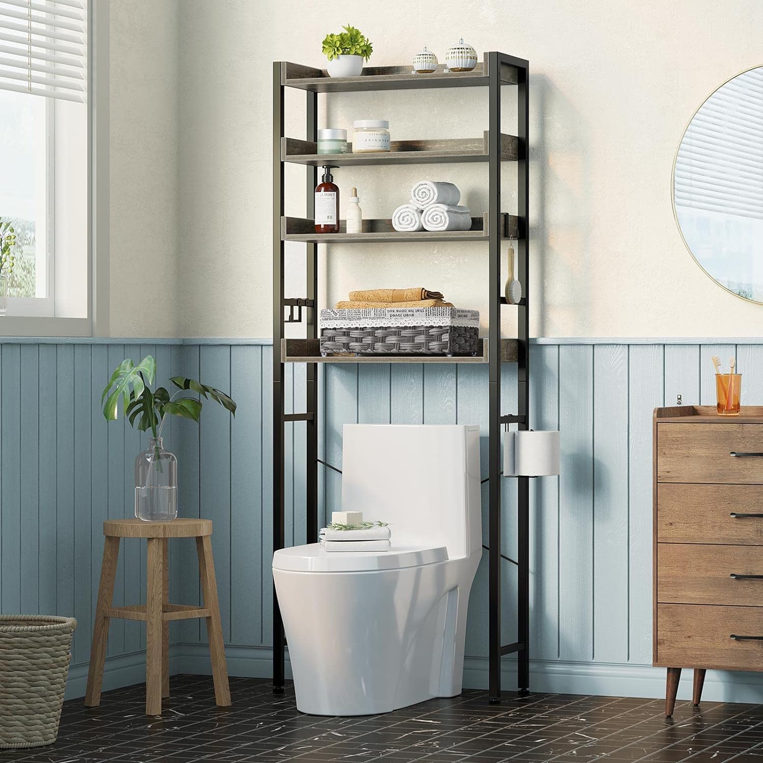 Rolanstar Estante de almacenamiento sobre el inodoro, ahorro de espacio de baño de 4 niveles con estantes ajustables, organizador de baño para baño,