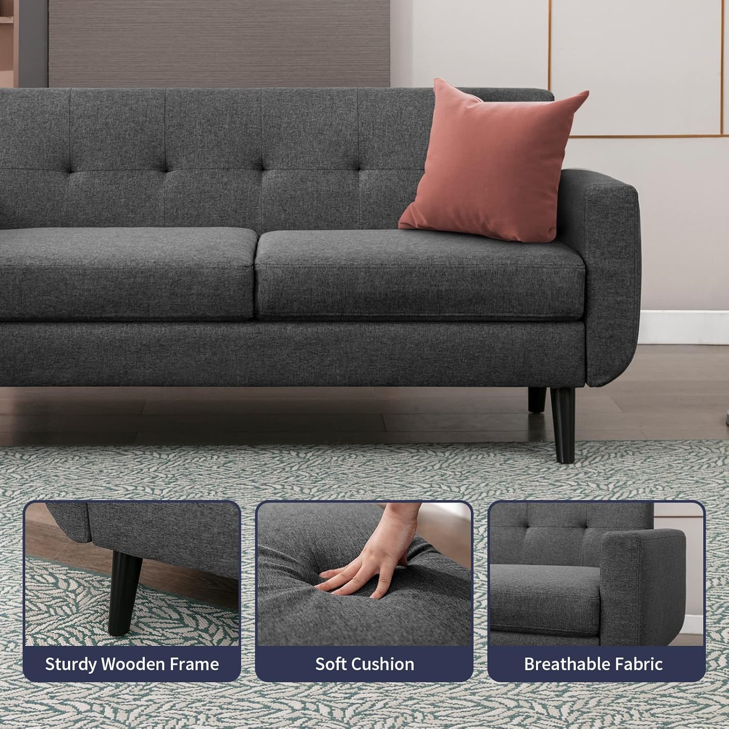 Sofá biplaza de 68 pulgadas con cojín tapizado de 5.9 pulgadas, cómodo sofá de tela con patas de madera y asiento acolchado para sala de estar,