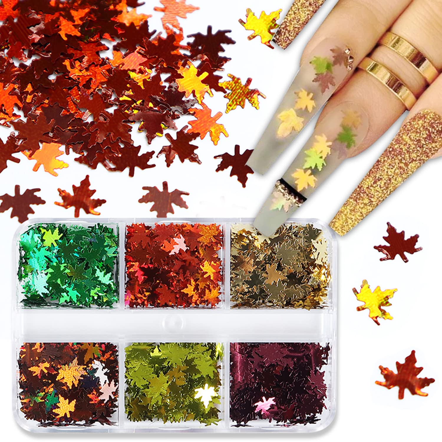 6 rejillas para arte de uñas de otoño, hojas de arce 3D, lentejuelas con purpurina, calcomanías holográficas láser dorado, rojo y verde, hojas con