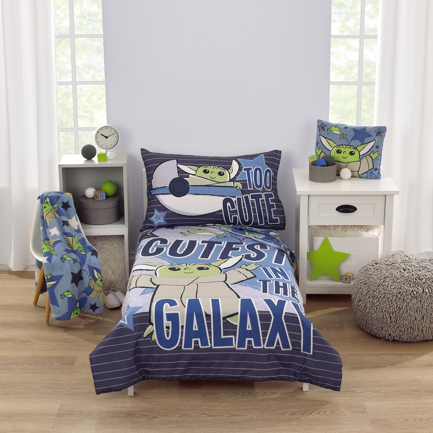 NoJo Star Wars The Child Cutest in The Galaxy – Juego de sábanas infantiles de Grogu y Hover Pod de 2 piezas, sábana bajera ajustable y funda de