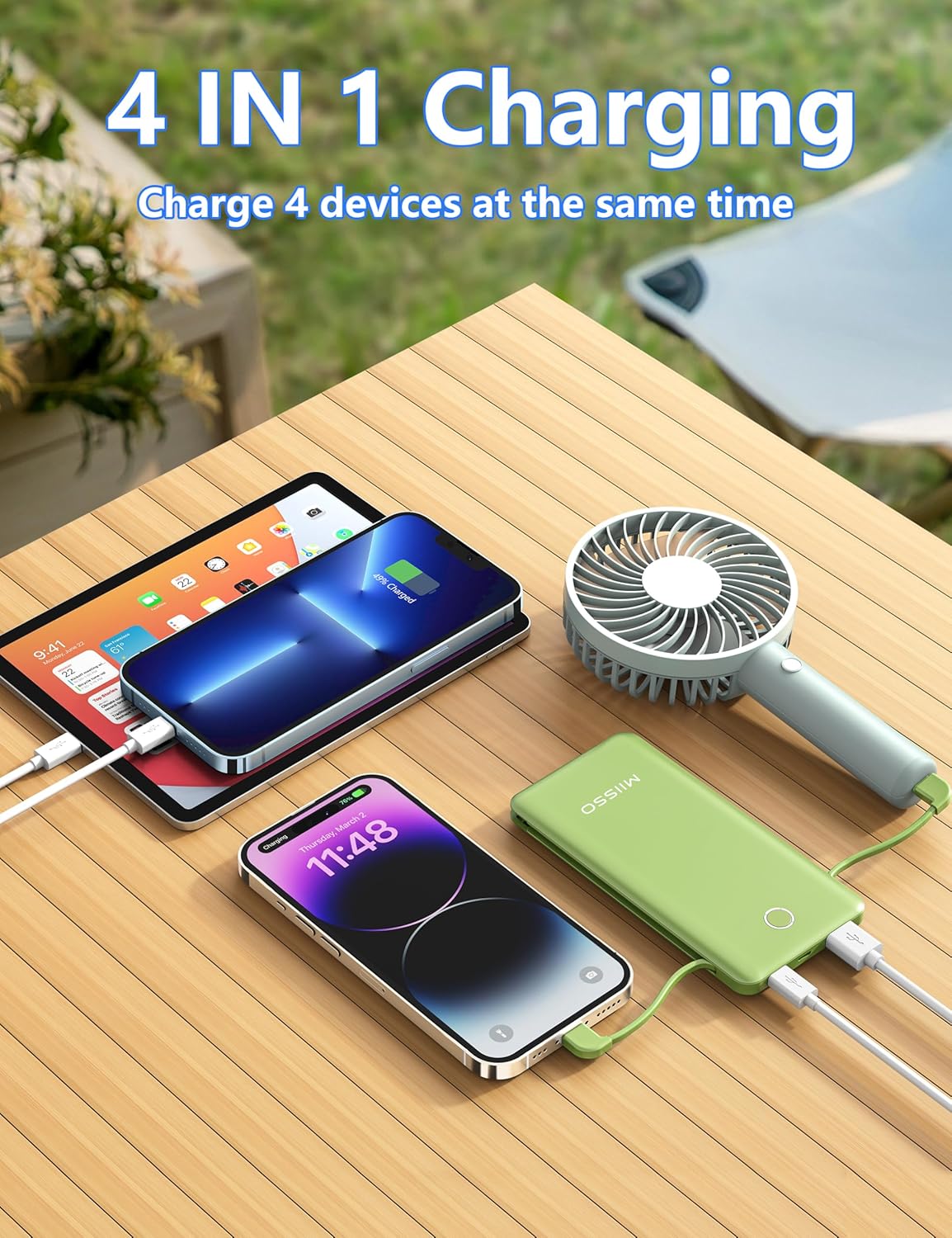 Cargador portátil delgado de 10000 mAh con cable integrado, cargador de teléfono de viaje, paquete de batería externa para teléfono, 4 salidas USB