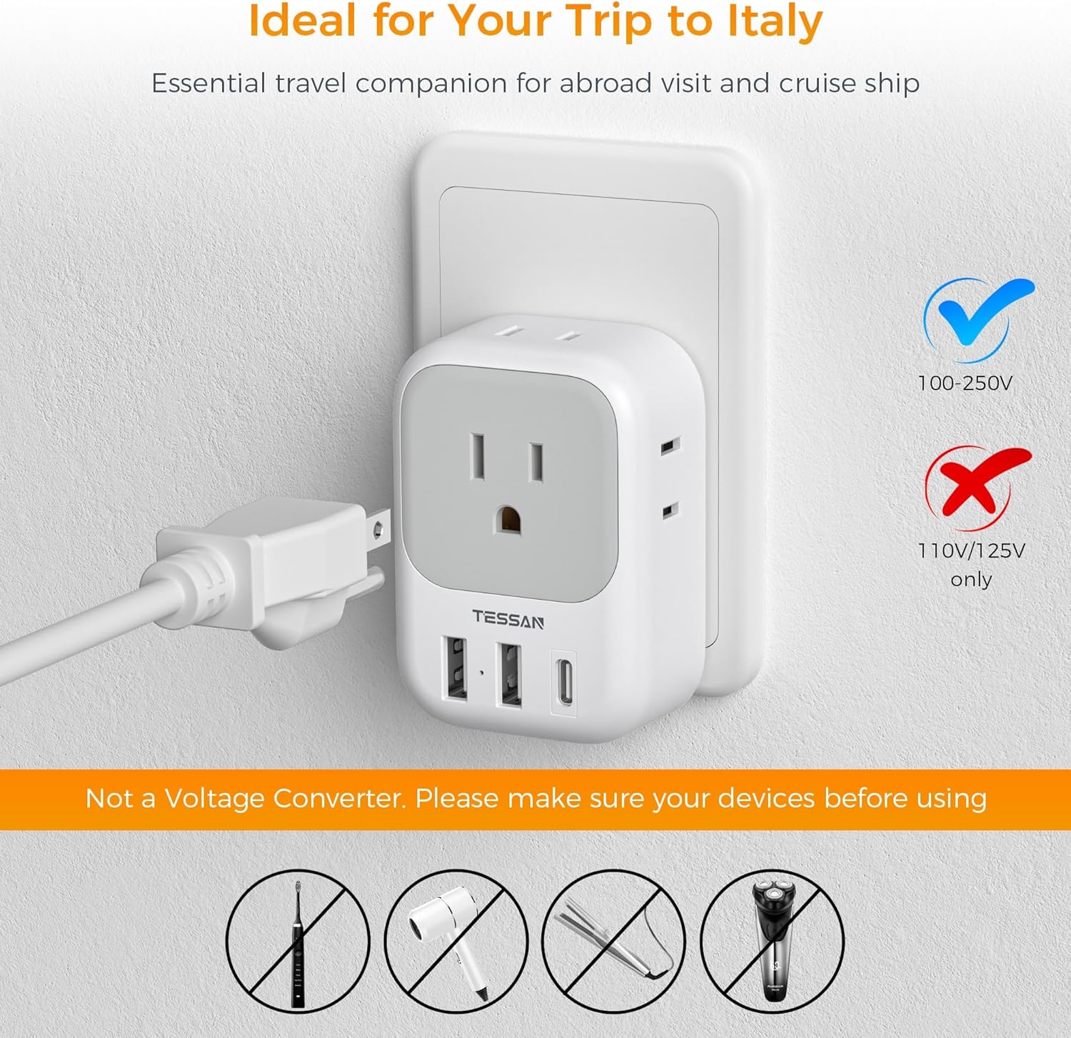 TESSAN – Adaptador de enchufe para Italia, paquete de 2 unidades, adaptador de corriente con 4 tomacorrientes, 3 cargadores USB (1 puerto USB C),