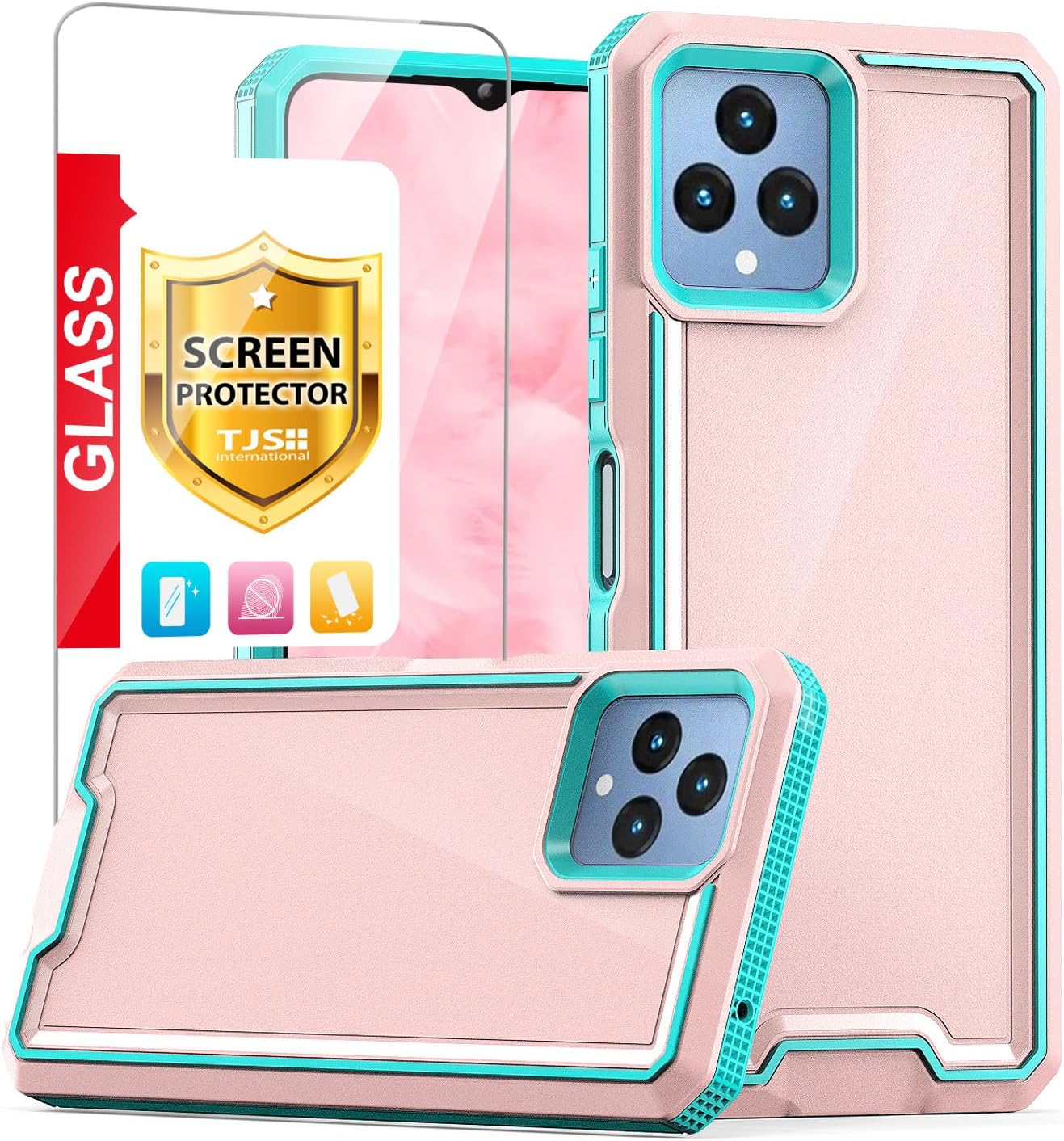 TJS Funda compatible con T-Mobile Revvl 6X 5G, Revvl 6 5G, con protector de pantalla de vidrio templado, funda híbrida de doble capa a prueba de