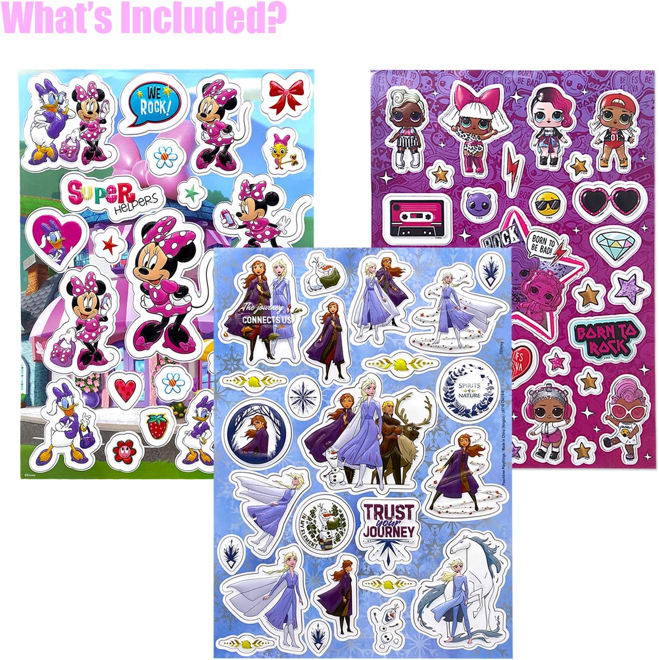 Disney Calcomanías hinchadas 3D para niñas, paquete variado de 3 hojas, Disney Frozen, Minnie, LOL Diva Dolls para regalos, recuerdos de fiesta,