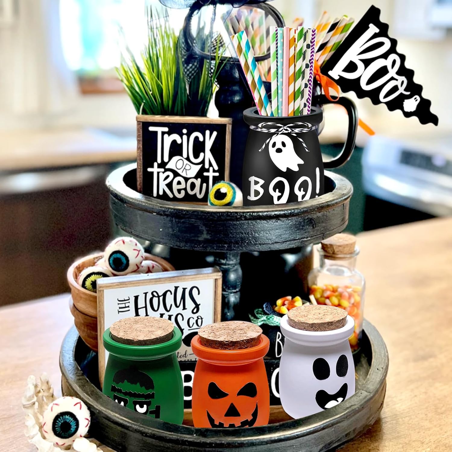 Decoraciones de Halloween para interiores, 6 botellas de poción para decoración de Halloween, mini tarros de Halloween con fantasma, murciélago,