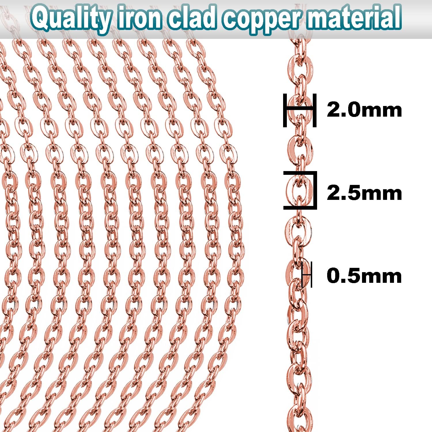 Jishi Rollo de cadena de cable de eslabones de 33 pies de 0.079 pulgadas, cadena de oro rosa para hacer joyas, collares, aretes, pulseras,