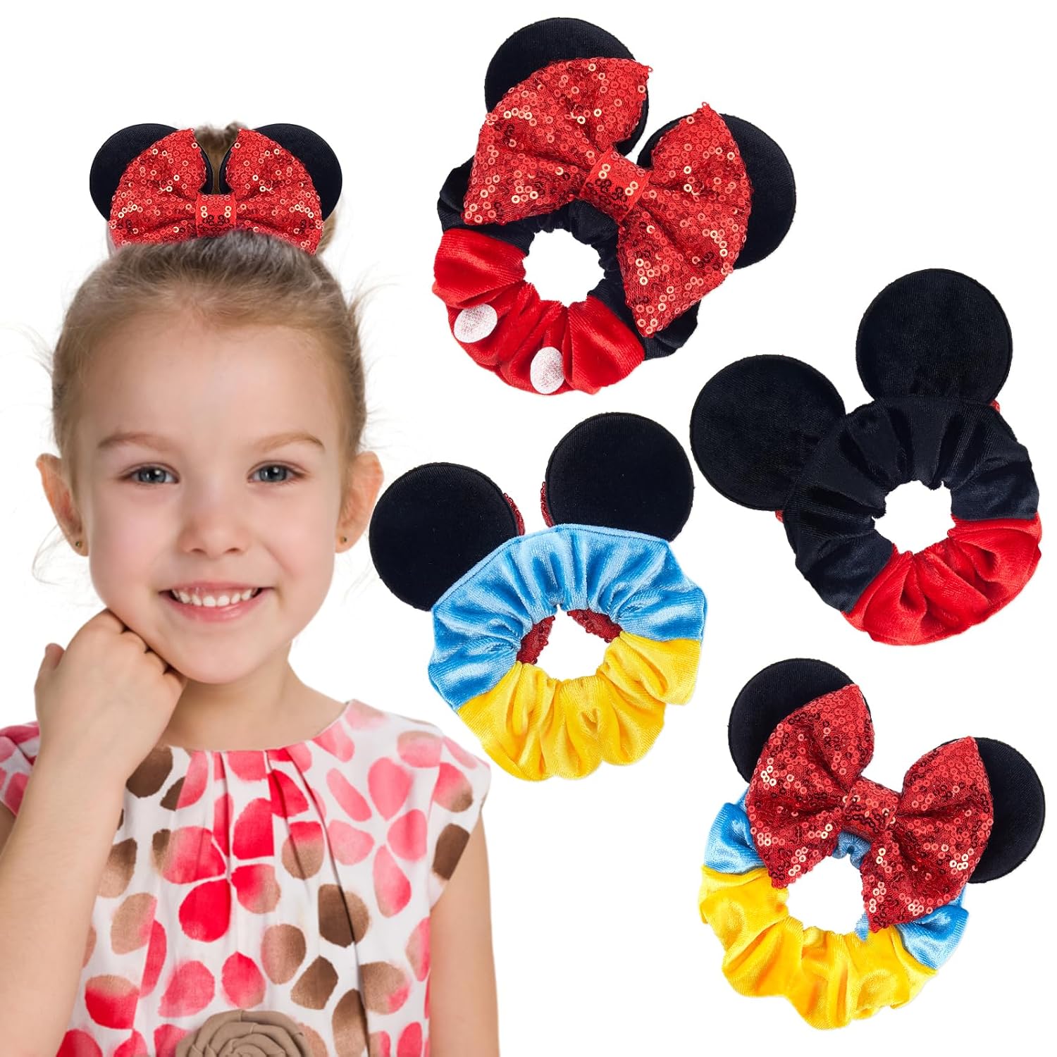 Akkya Bandas elásticas para orejas de ratón con lazo rojo para mujeres, niñas, niños y adultos, paquete de 2 cintas para el pelo de ratón de dibujos