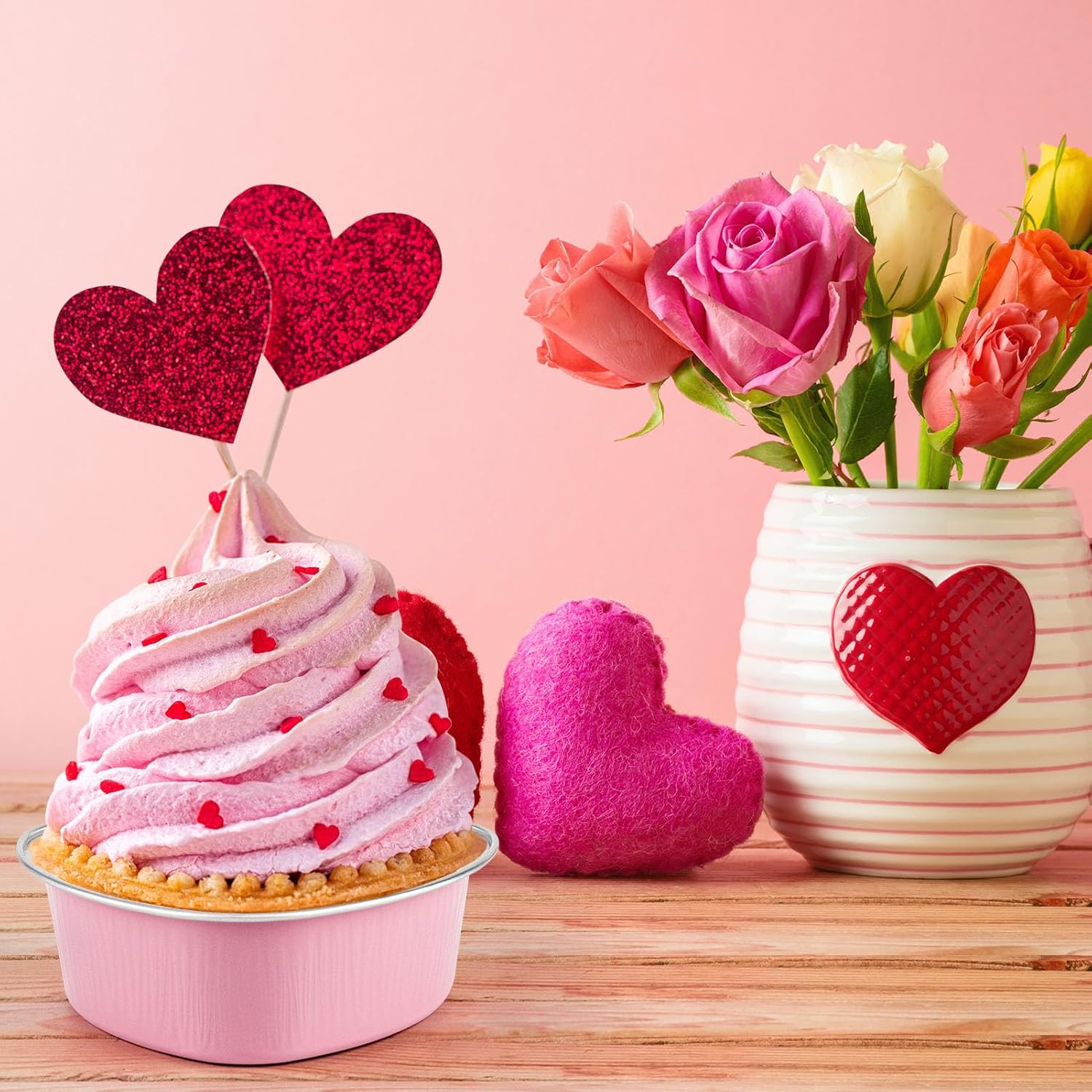 50PCS Heart Shaped Cake Pans with Lids, 3.4 Ounces 100 ml, Aluminum Foil Mini Disposable Heart Cupcake Pans for Valentine’s Day Wedding Parties –