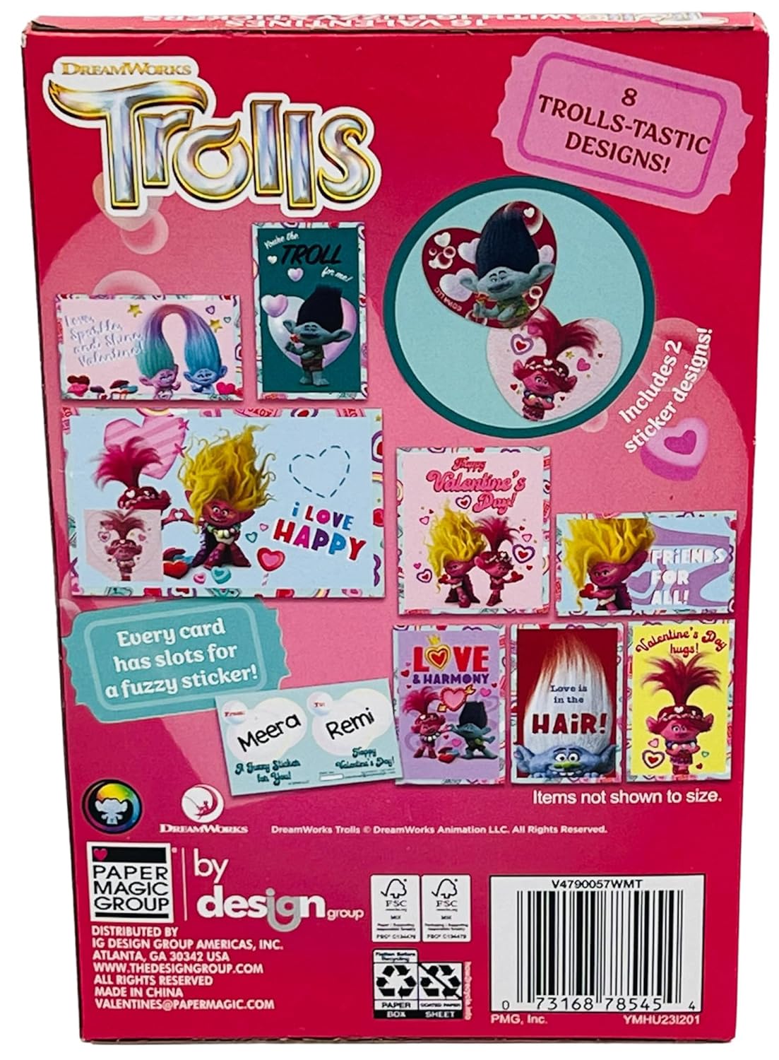 Trolls – 16 tarjetas de San Valentín con dijes, piruletas, minipops, calcomanías peludas, 48 sellos de calcomanías de corazón y (1) paquete de