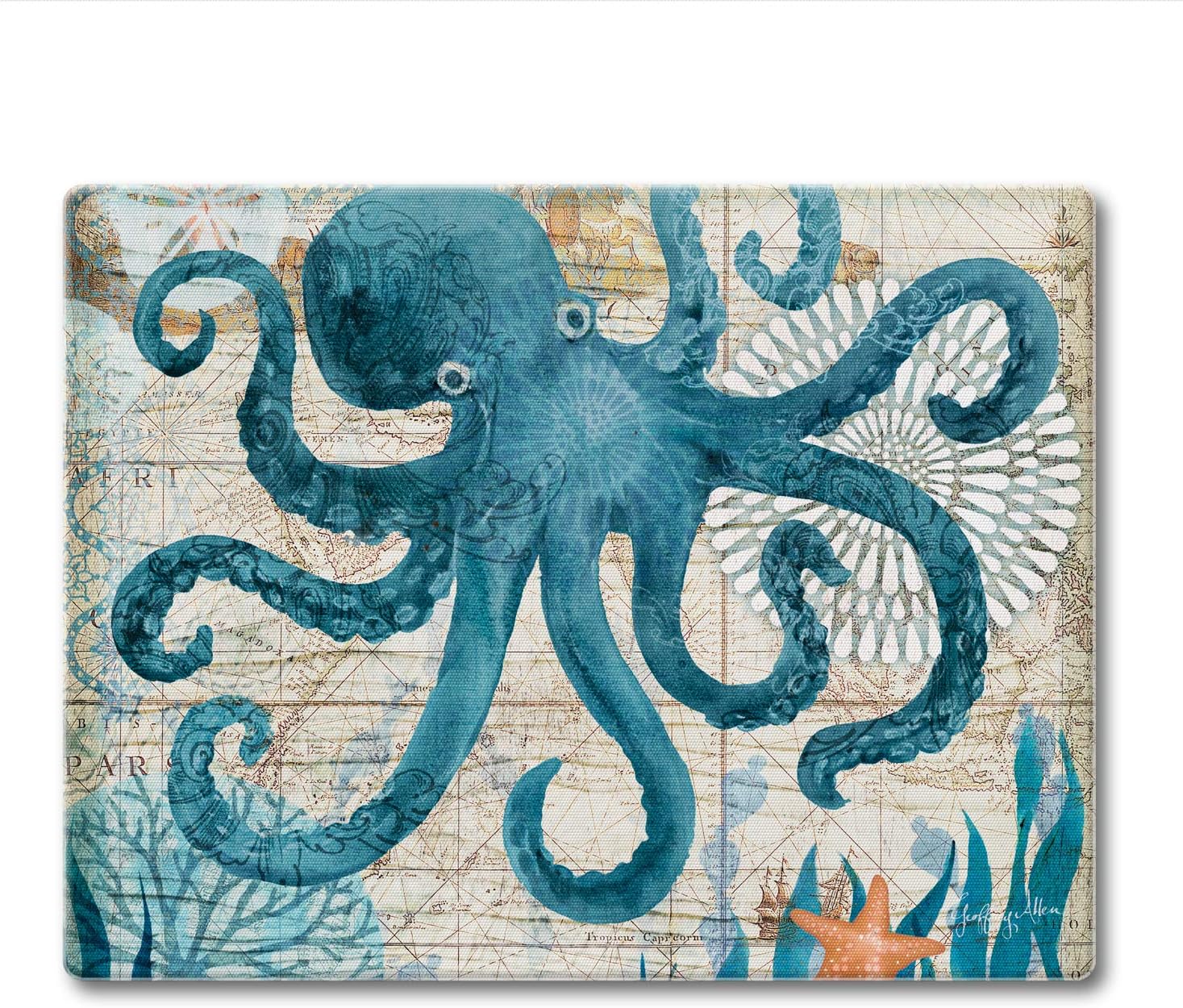 CounterArt Monterey Bay Octopus – Tabla de cortar de vidrio templado tolerante al calor de 10 x 8 pulgadas, fabricada en los Estados Unidos, apta
