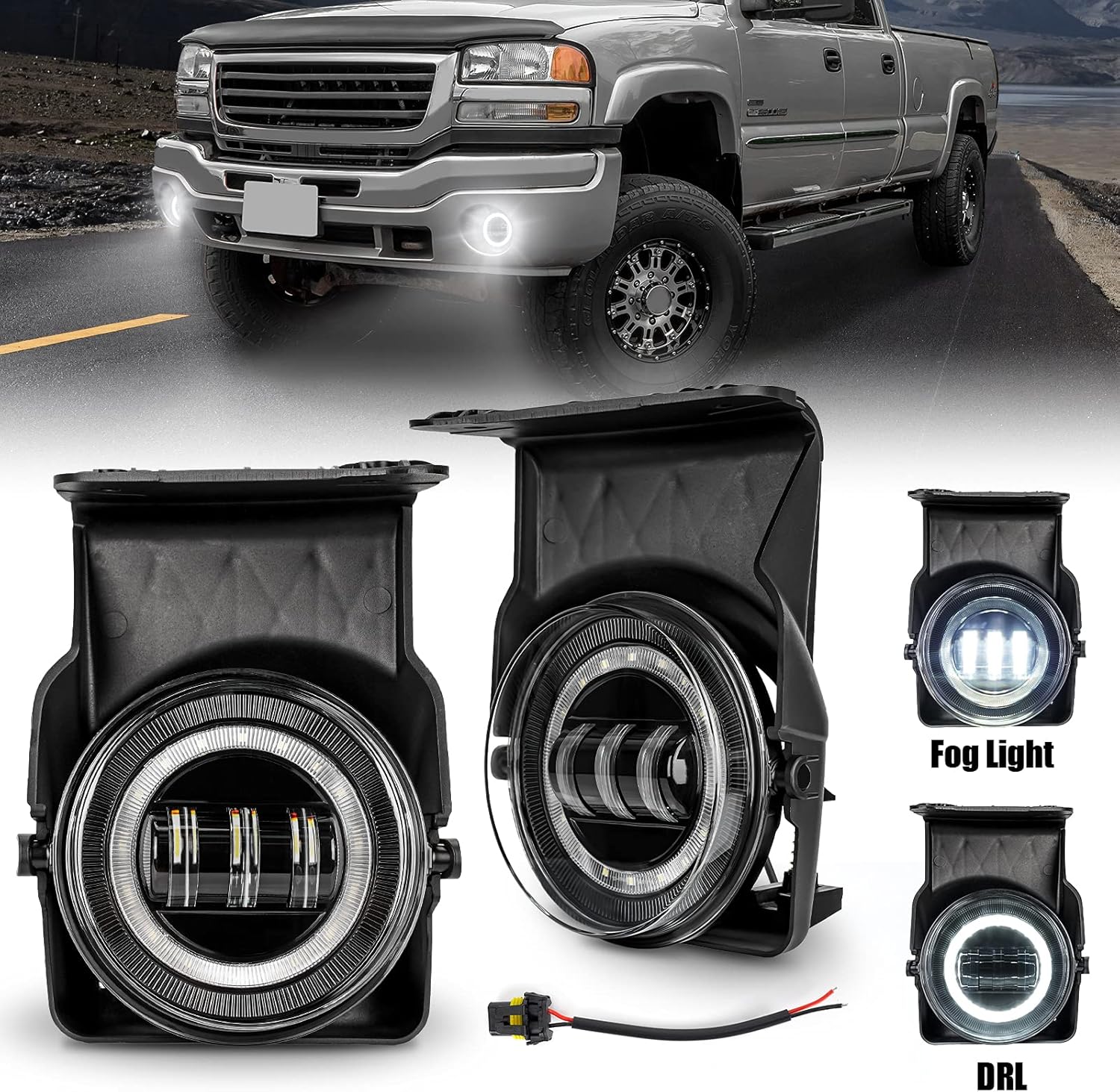 Faros antiniebla LED con halo Angel Eyes DRL para GMC Sierra 1500 2500 3500 2003-2006 Heavy Duty Pickup Bumper Driving Fog Lamps