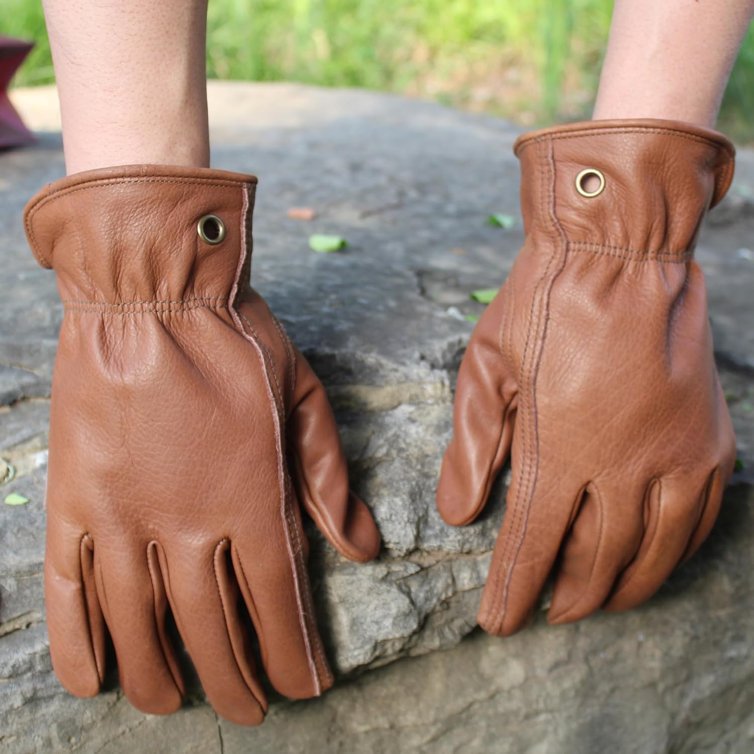 NBLEAGLO Guantes de trabajo de cuero de vaca marrón retro para construcción, patio, jardinería con palma reforzada para hombres y mujeres