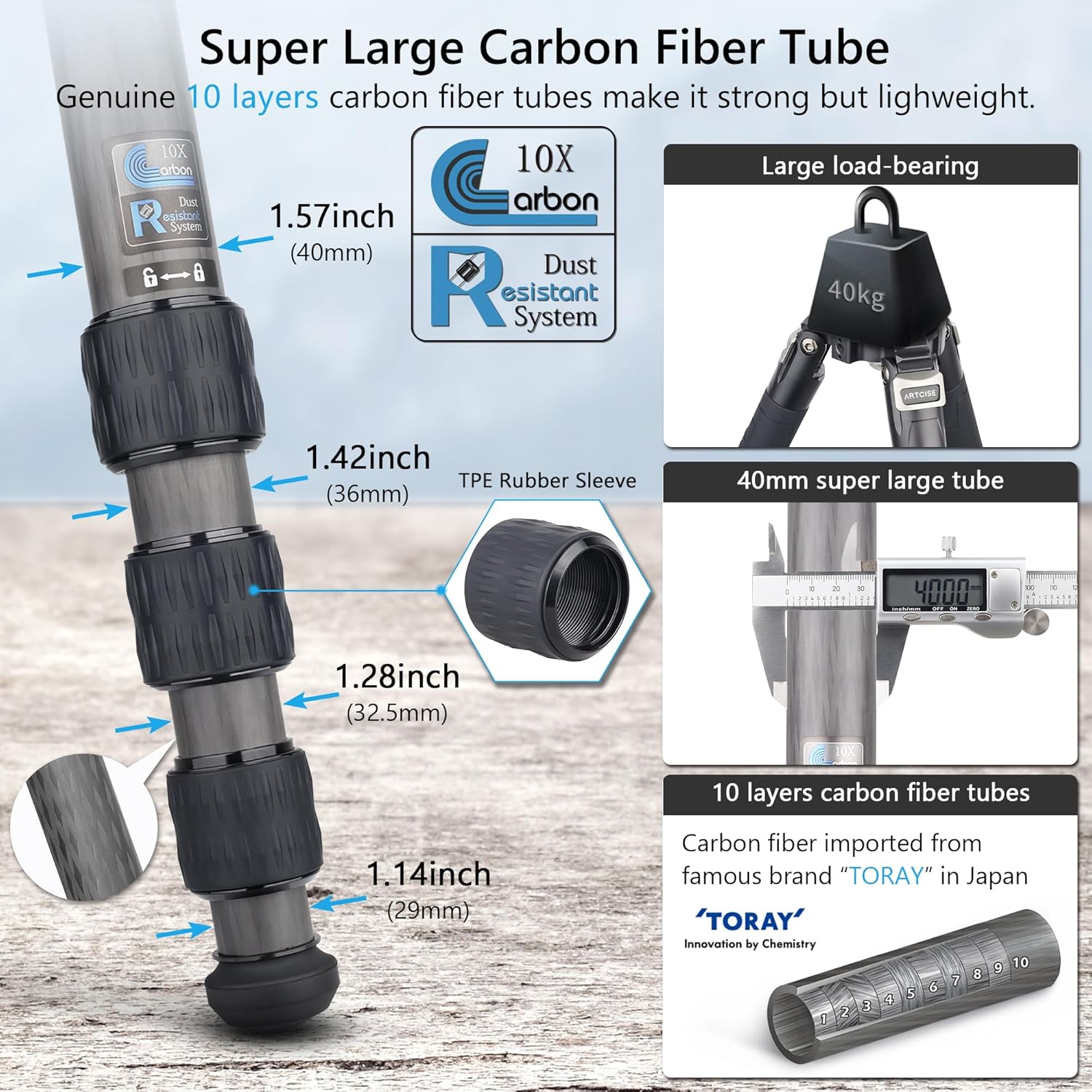 Trípode de fibra de carbono para cámara resistente con cabezal de bola de perfil bajo de 2.126 in XB54, 10 capas de fibra de carbono de 1.57
