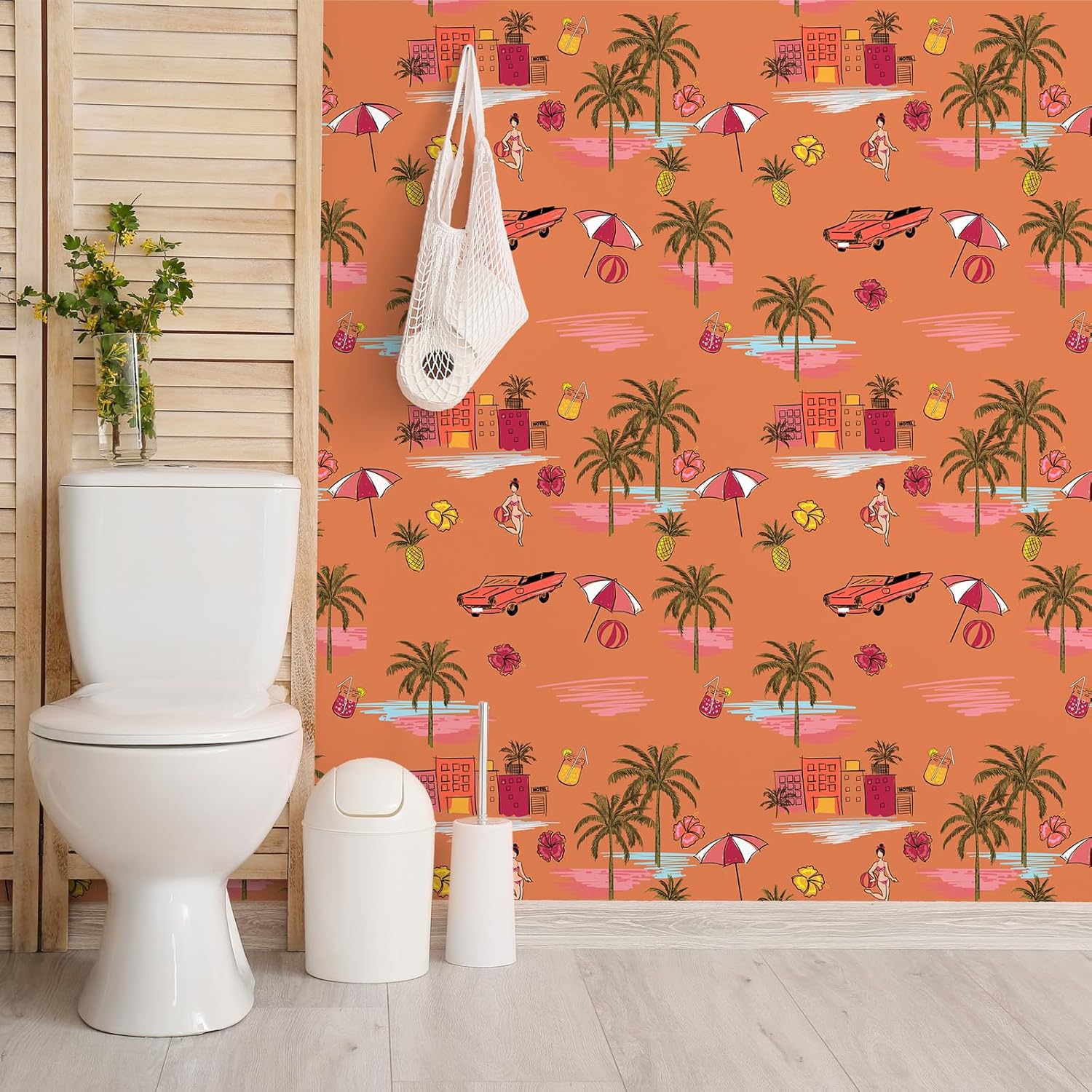 VEELIKE Papel tapiz dibujado a mano, diseño de isla y playa, despegar y pegar, color naranja, paisaje, palmeras, papel tapiz autoadhesivo de 17.7 x