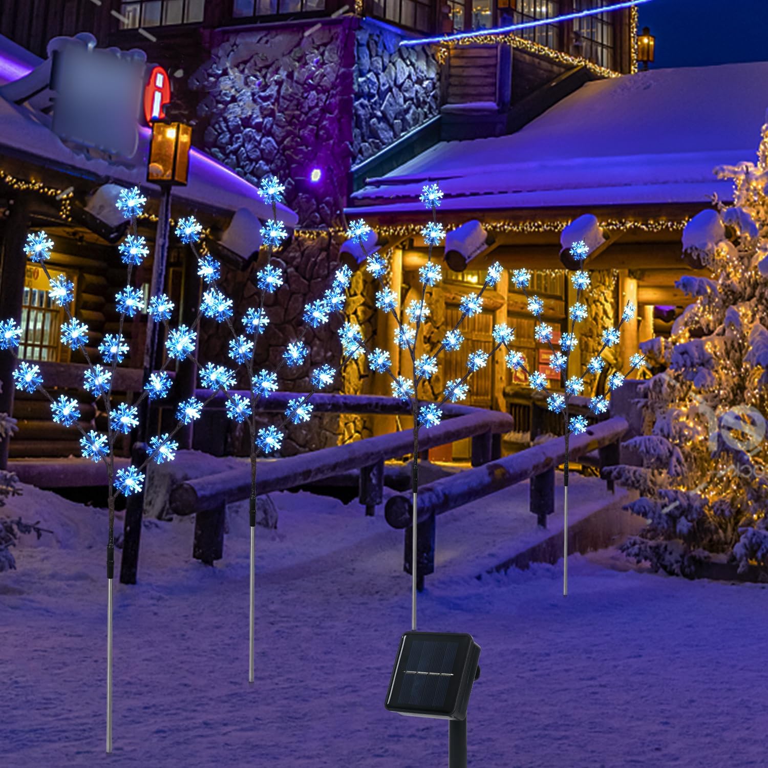 Aovciust Decoraciones de Navidad al aire libre, 4 juegos de luces solares para árbol de Navidad con 80 luces de copo de nieve C6, adecuadas para
