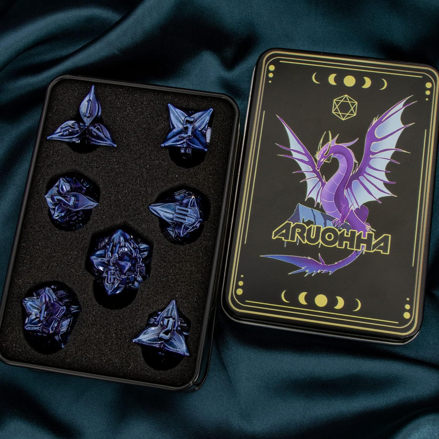 ARUOHHA DND – Juego de dados de metal con diseño de hojas de dragones y mazmorras azules, dados poliédricos D + D, hechos a mano, juego de rol D20