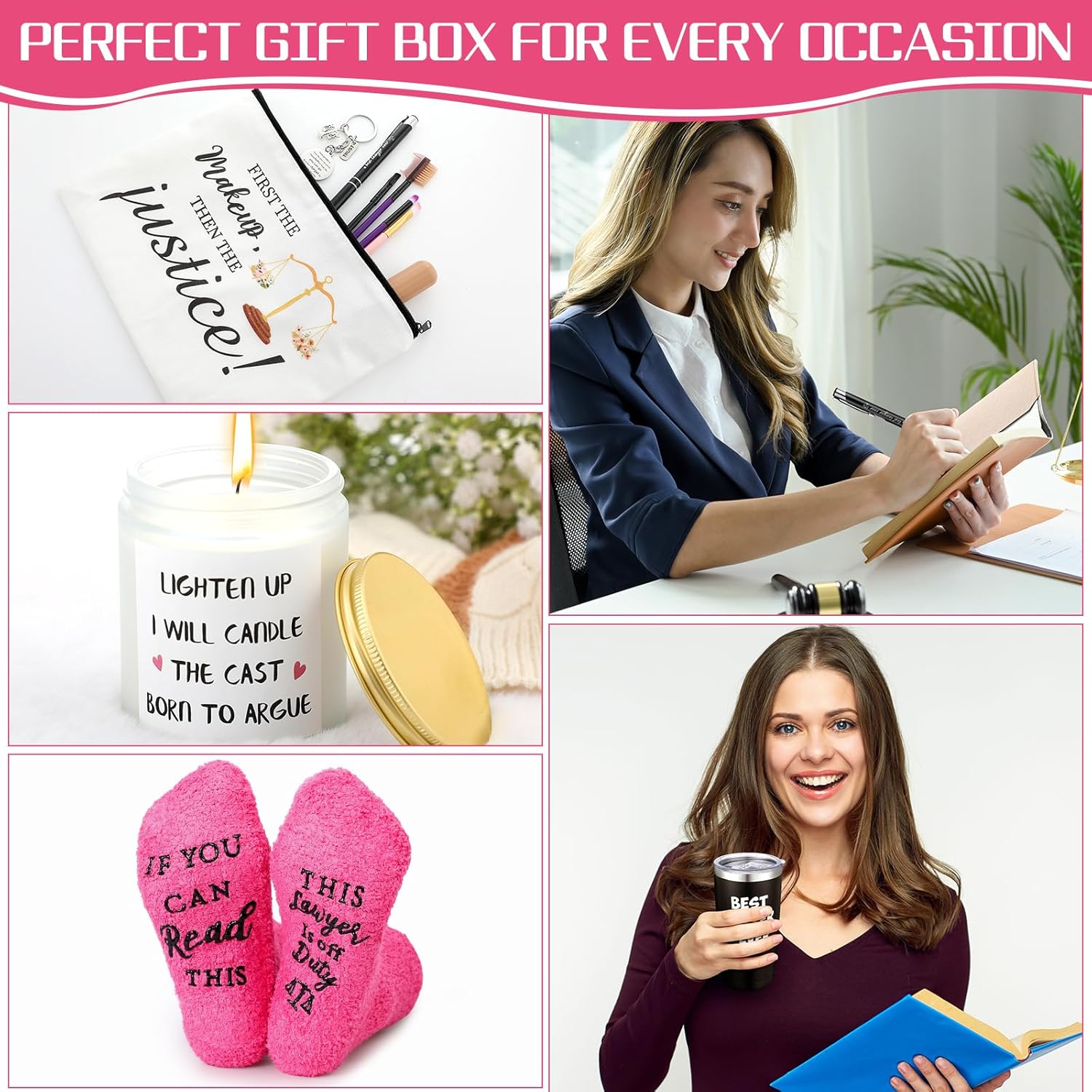 Loetere 7 piezas de regalos de abogados para mujeres, incluyen vaso de café de acero inoxidable de 20 onzas, calcetines de abogado, llavero, velas