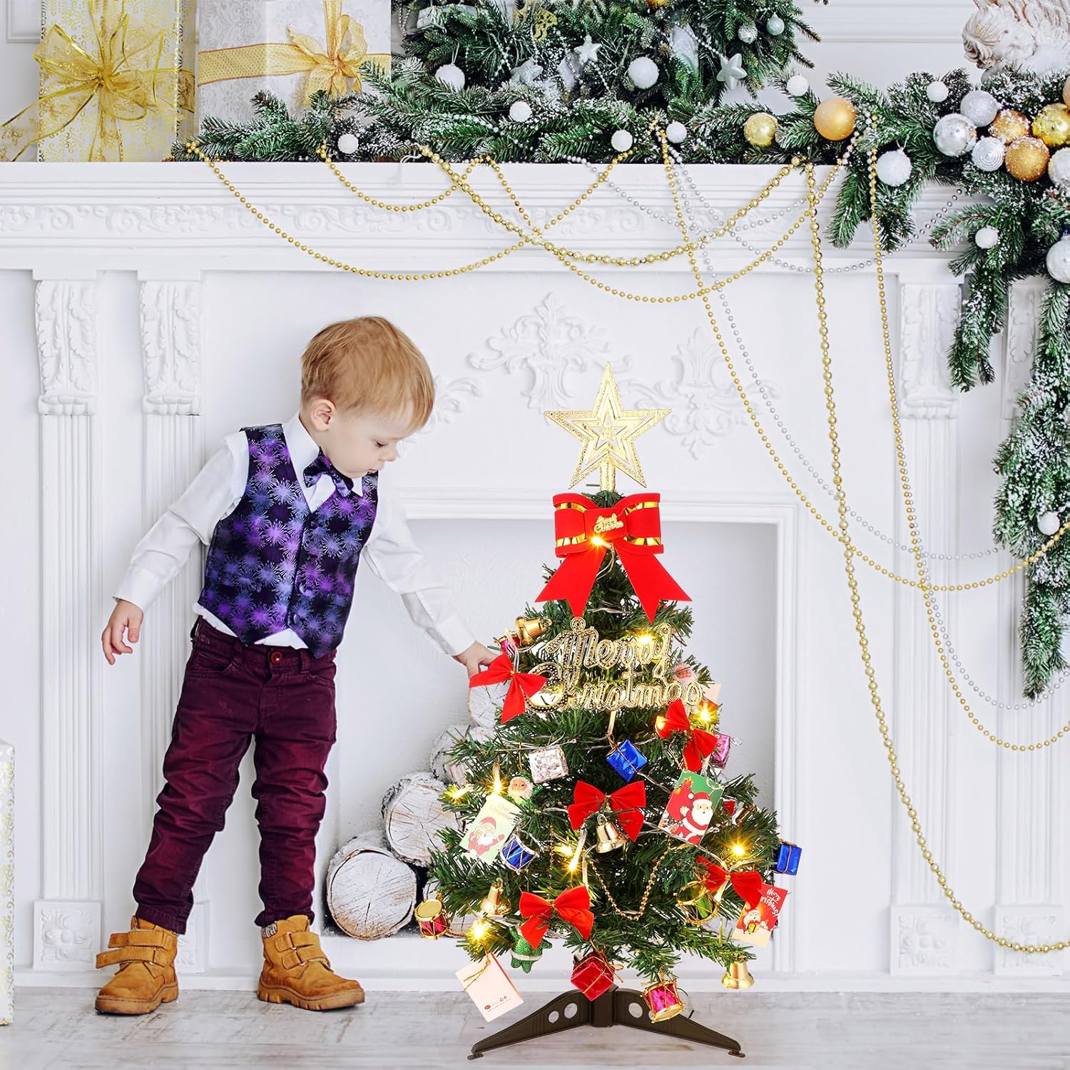 Hiboom 2 piezas de mini árbol de Navidad de 24 pulgadas con luces LED, estrella preiluminada de mesa, árbol de Navidad, cajas de regalo, adornos
