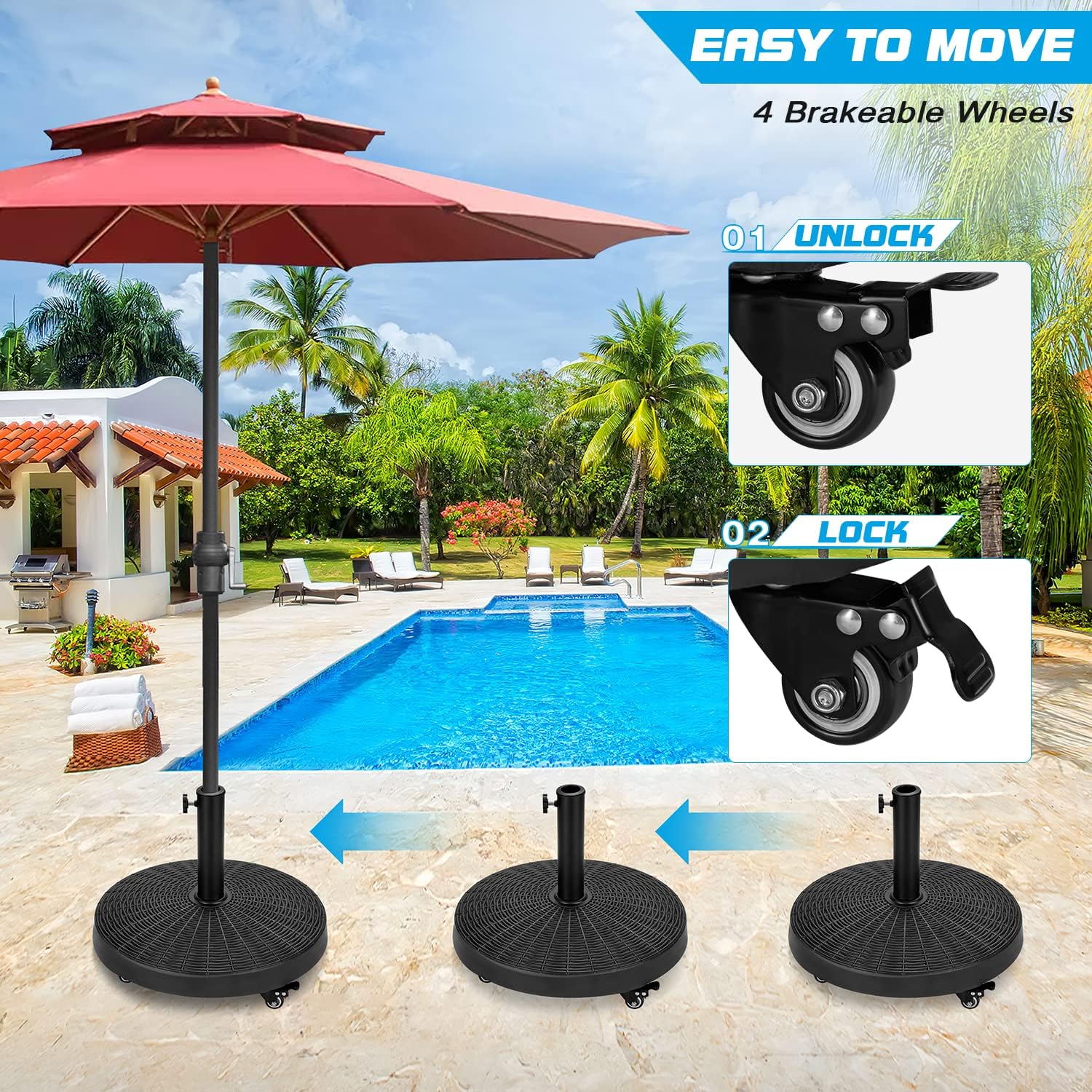 EROMMY Base de sombrilla de 52 libras, soporte de paraguas con ruedas frenables, base de sombrilla de patio resistente para exteriores de 1.5 a 1.89