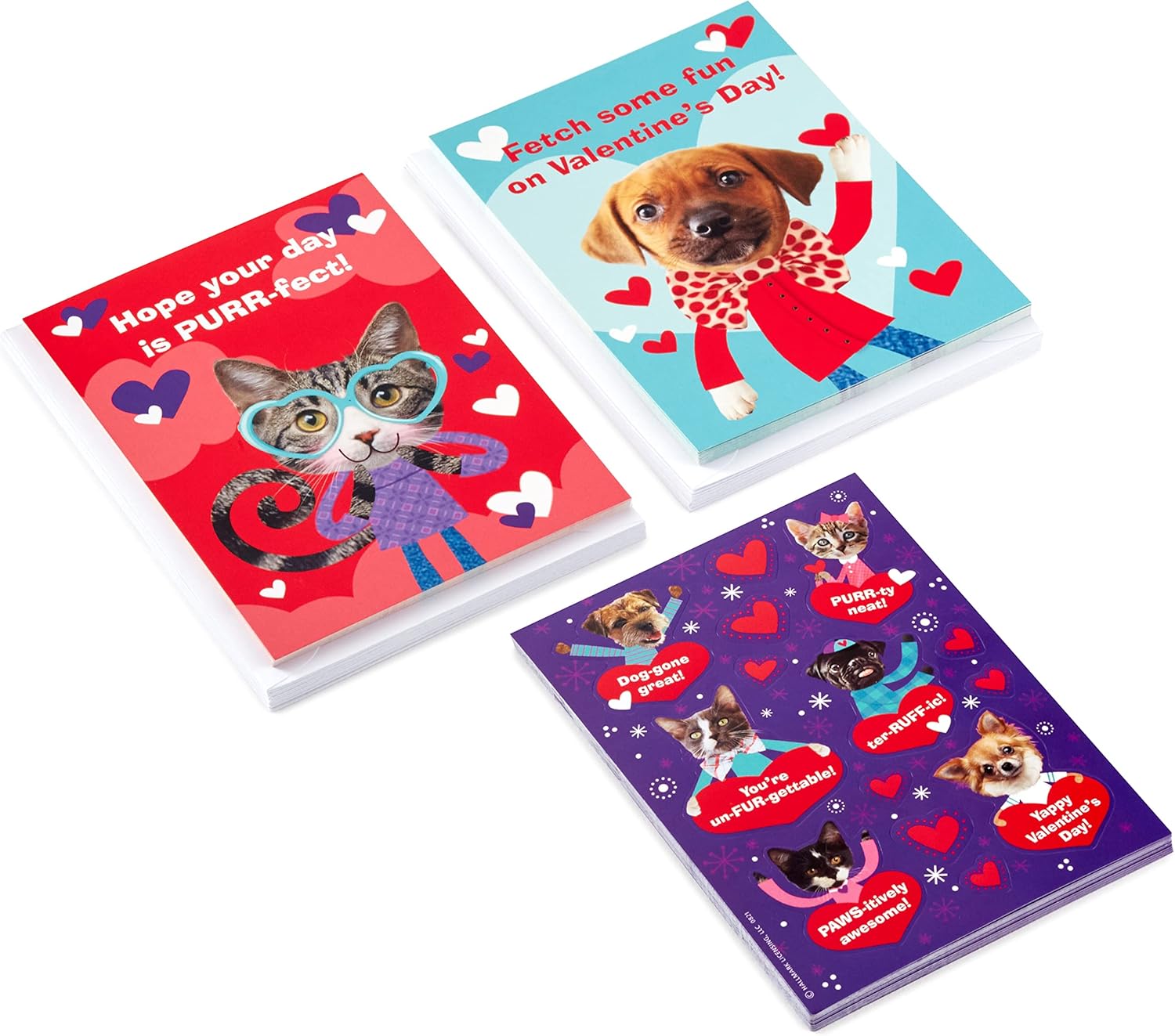 Hallmark Tarjetas de San Valentín y calcomanías para la escuela de niños, cachorros y gatitos (24 aulas de San Valentín con sobres)