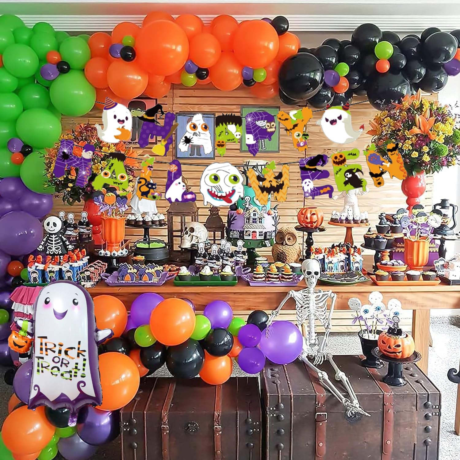 Arco de globos de Halloween, 128 piezas, kit de decoración de fiesta de Halloween con pancarta de Halloween, globos de papel de aluminio fantasma,