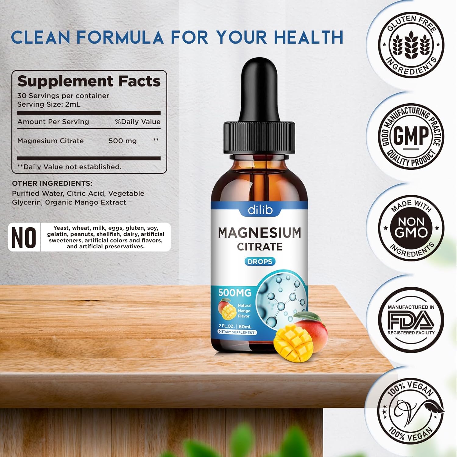 Suplemento líquido de citrato de magnesio de 500 mg, ayuda al alivio del estrés, hueso, músculo, estado de ánimo, sueño, 2 onzas líquidas, vegano,