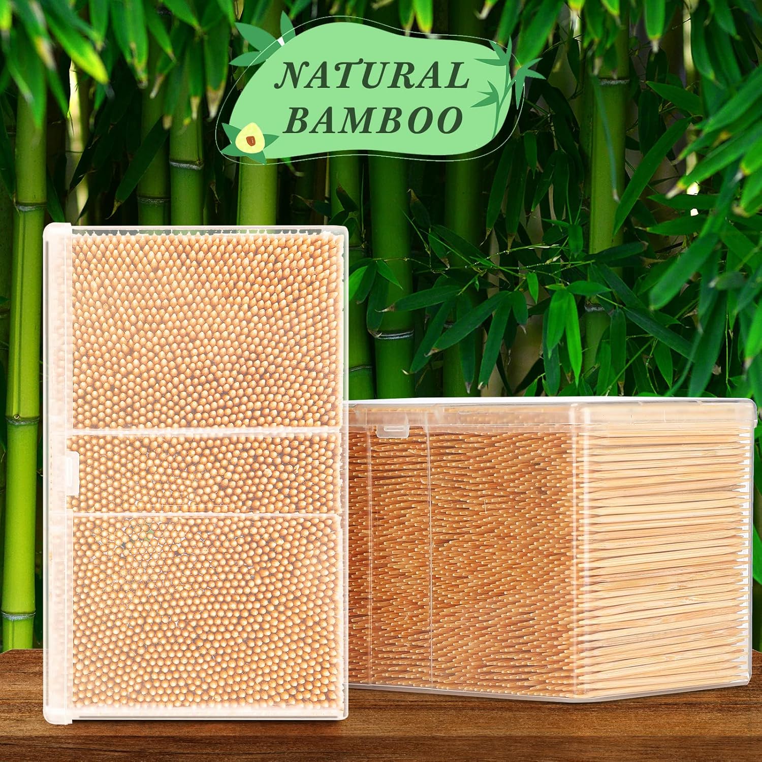 Jerify 12000 palillos de madera de bambú redondos de doble cara con caja de almacenamiento de plástico transparente para aperitivos, parrilladas de