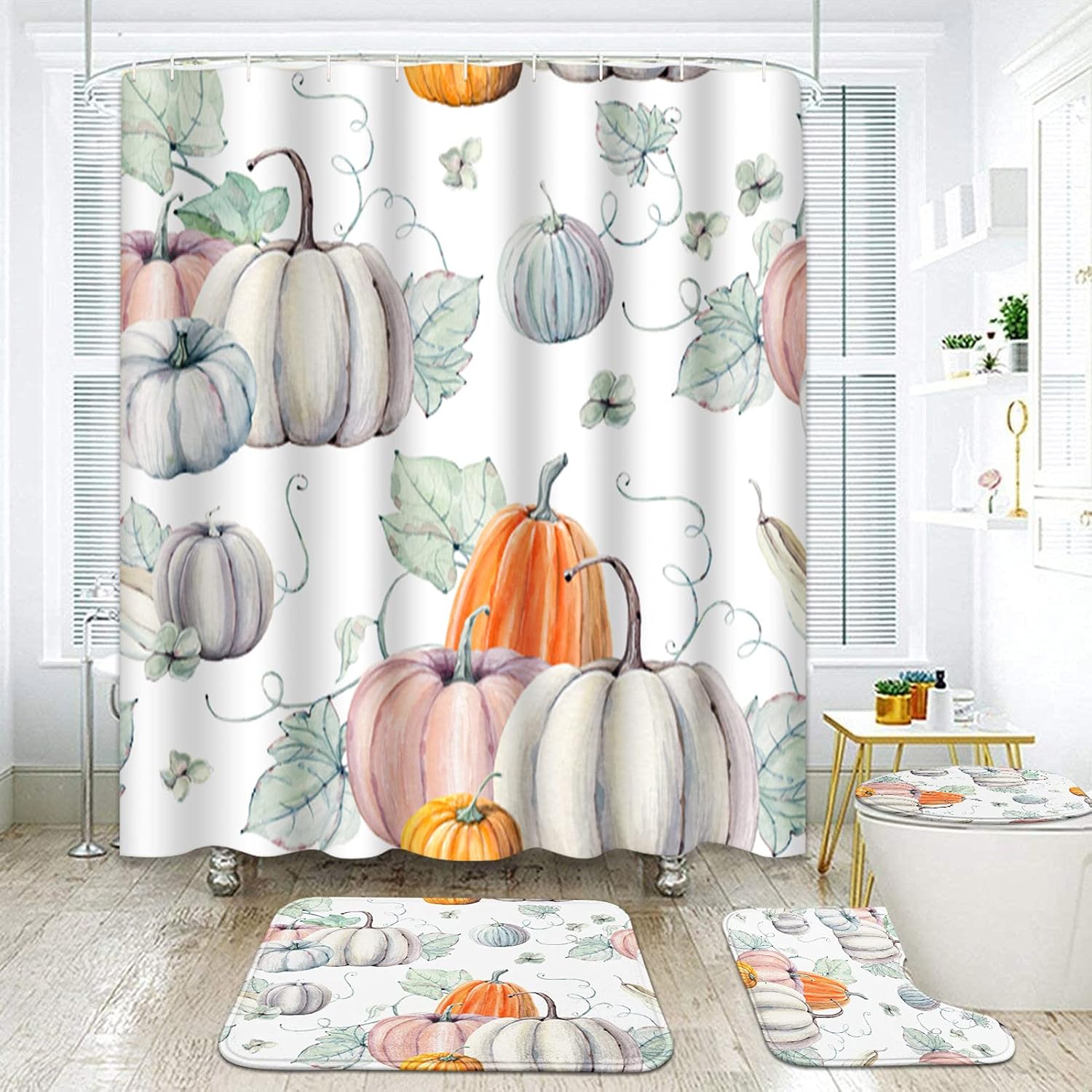 ArtSocket Juego de 4 cortinas de ducha con diseño de calabazas de acuarela con texto en inglés “It’s Thanksgiving Halloween” Receta de otoño con