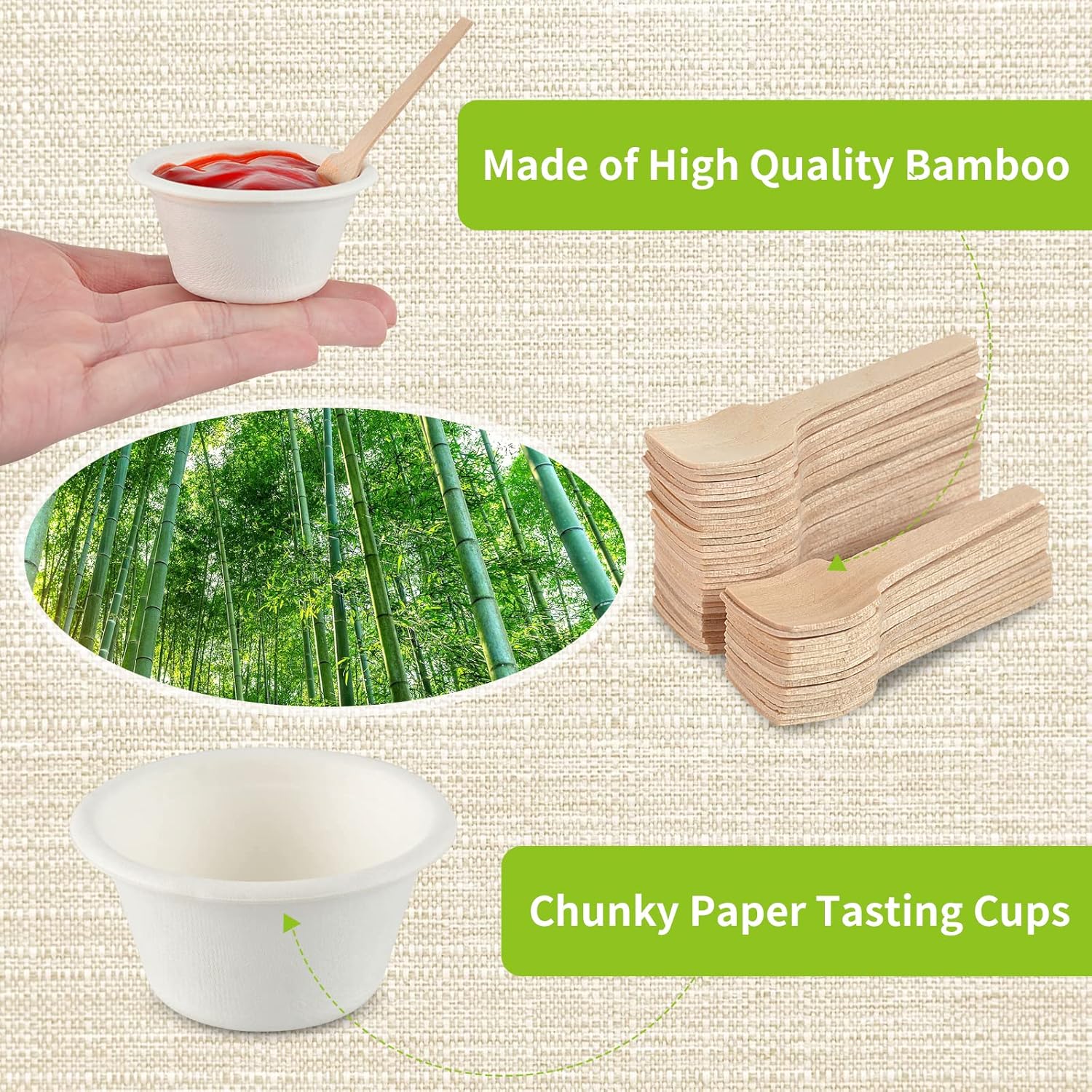 Juego de 100 tazas de porciones de 2 onzas, tazas de papel para soufflé con cucharas de madera, tazas de muestra desechables para cocinar chile para