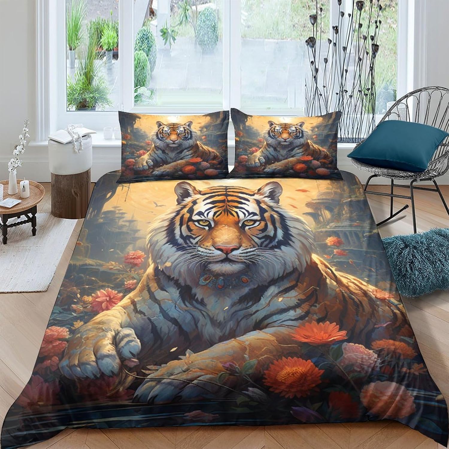 Juego de edredón de tigre con diseño de animales del bosque de tigre, diseño de gatos y perros, diseño de dibujos animados, para niños y niñas,