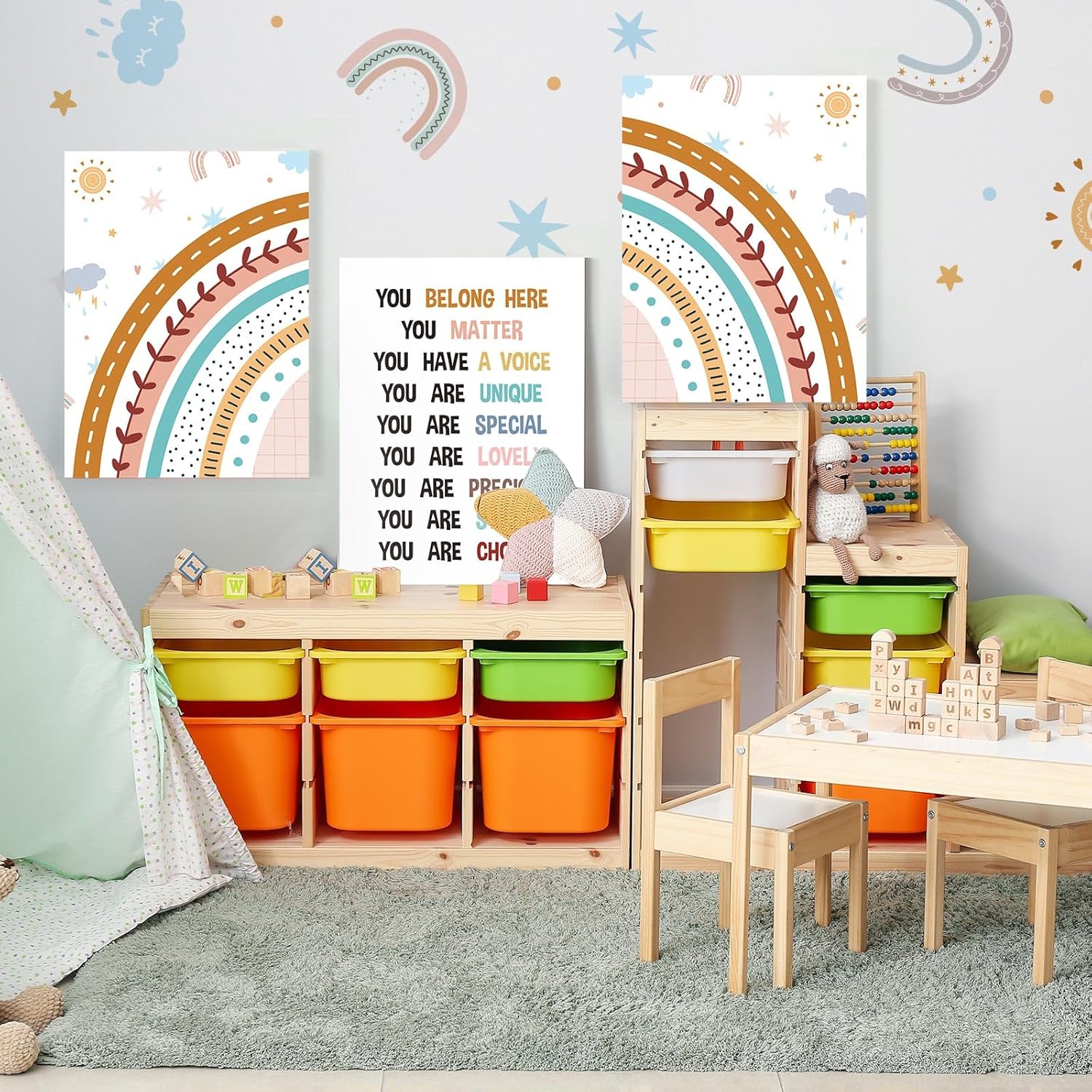 Juego de 3 piezas de decoración de arco iris para el aula, pintura en lienzo de arco iris, inspirador, bohemio, artístico, decoración de pared para