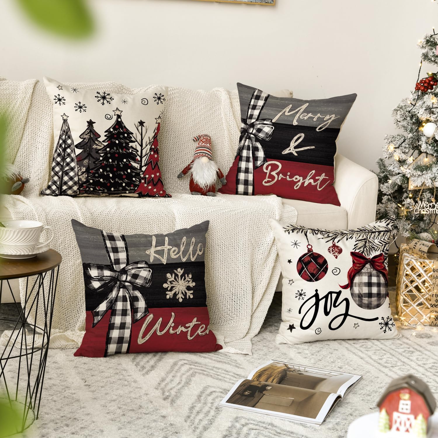 AVOIN colorlife Juego de 4 fundas de almohada rojas con árboles de Navidad, 16 x 16 pulgadas, decoración de Navidad y vacaciones de invierno para