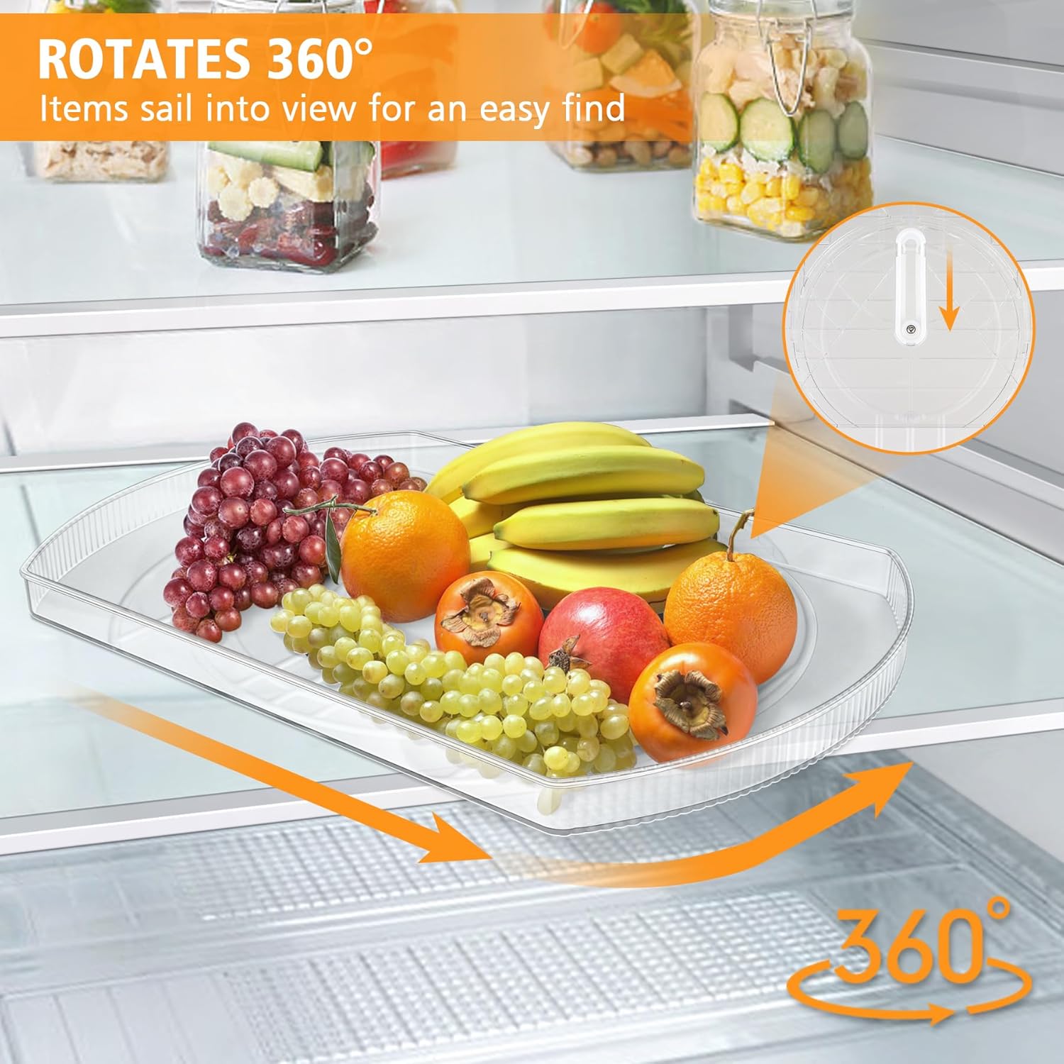 Lazy Susan Organizador para refrigerador, mesa giratoria rectangular para condimentos, estante de almacenamiento giratorio transparente para