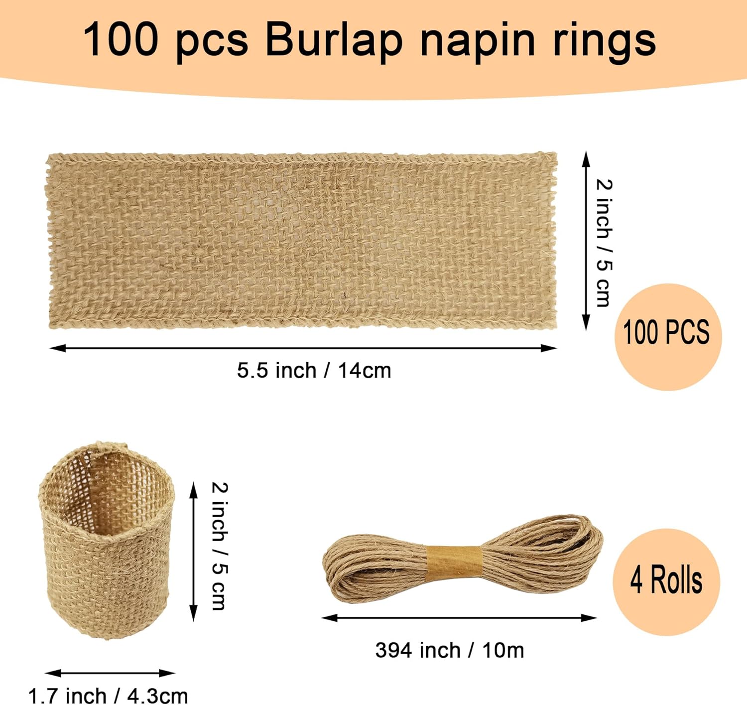 Juego de 100 servilleteros de arpillera natural con cuerda de yute, servilletas desechables a granel, anillo rústico para mesas, decoraciones,