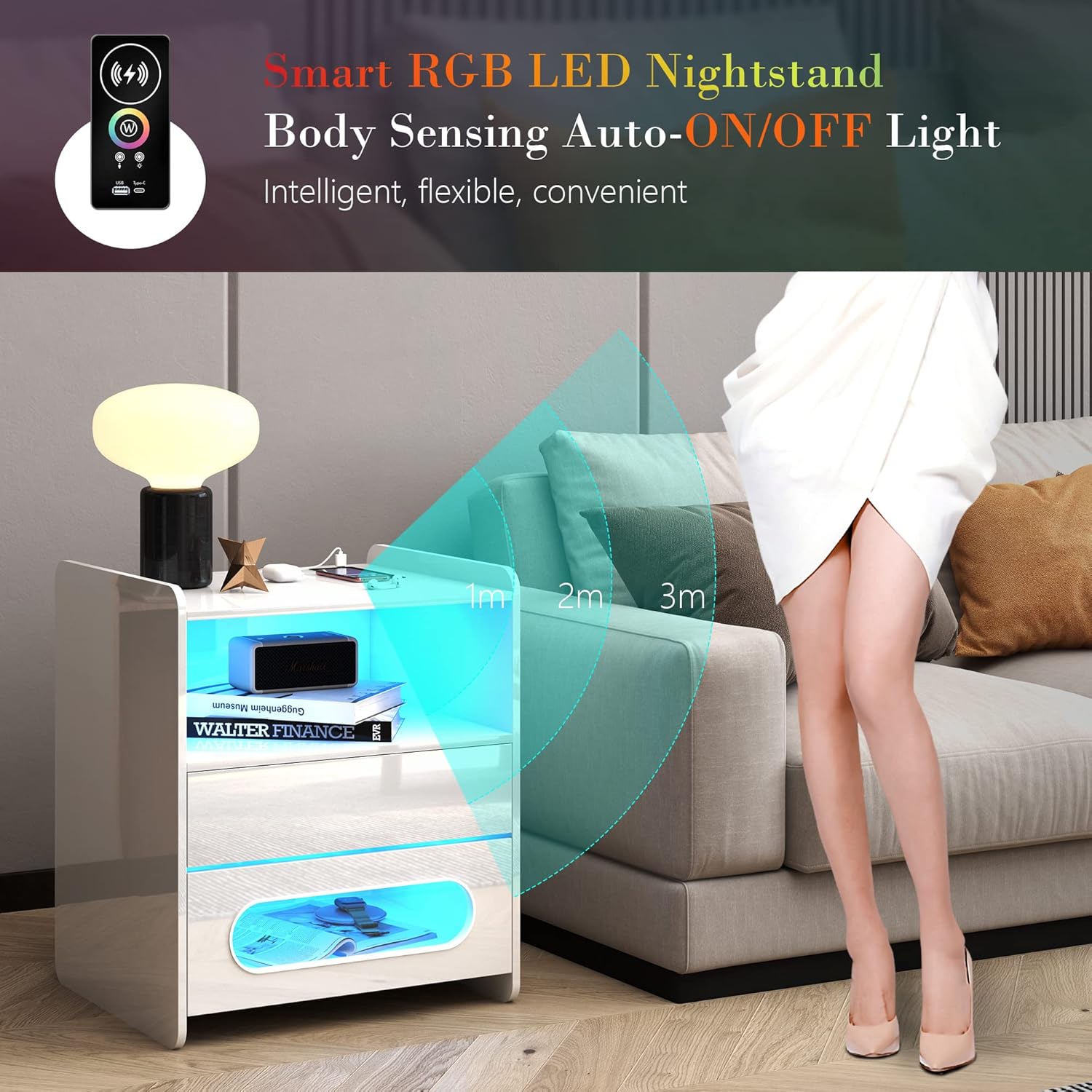 dnbss Mesita de noche LED RGB con estación de carga, moderna mesita de noche con cajones de almacenamiento de joyas, soporte de noche inteligente