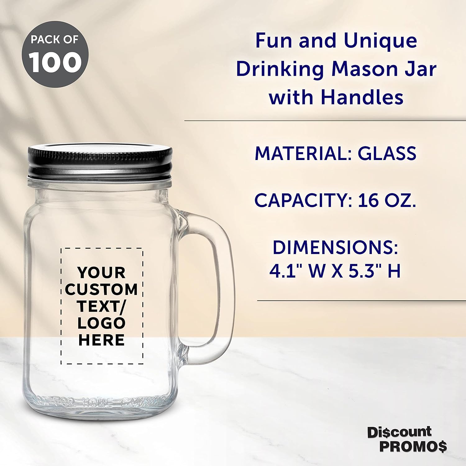 Discount Promos Libbey Handle Mason Jars – Juego de 100 tarros con tapas, 16 onzas, texto personalizado, logotipo, estilo tradicional, bebida,