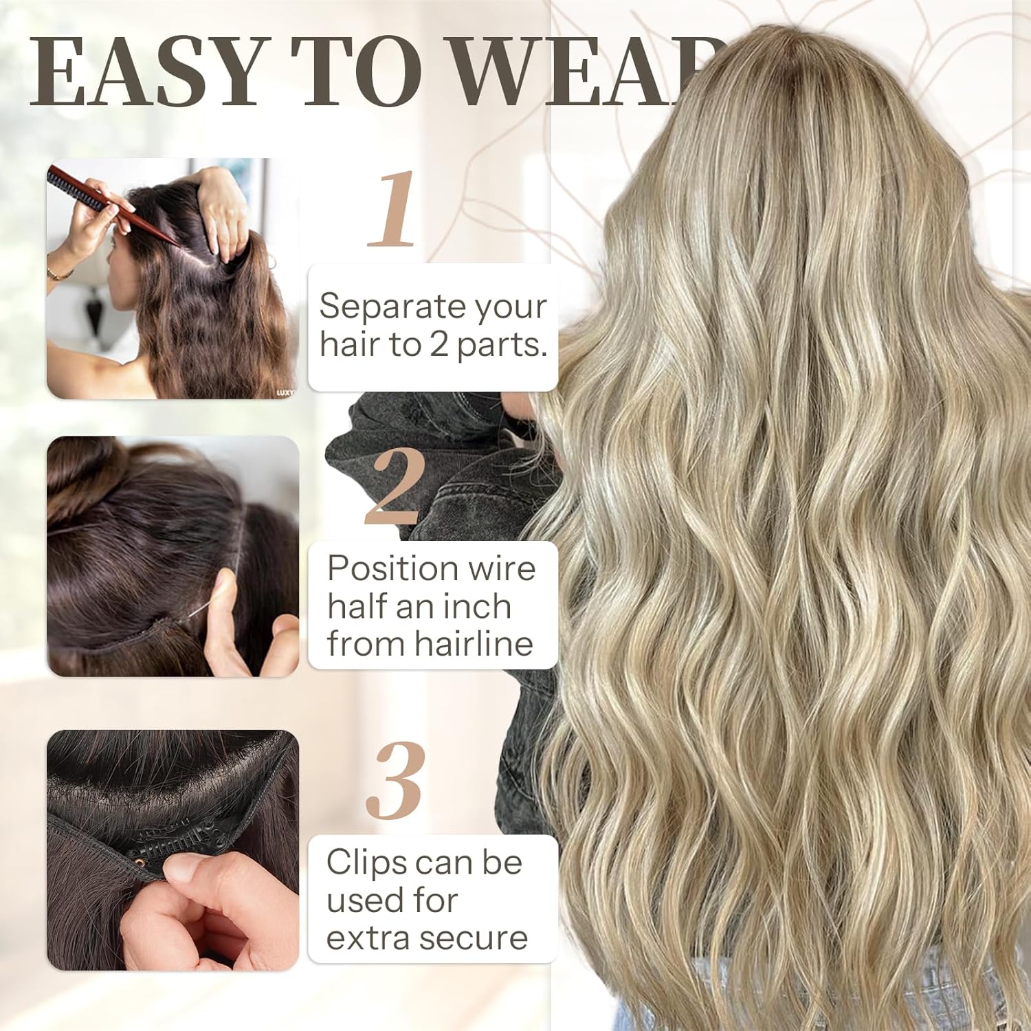 KooKaStyle Extensiones de cabello con alambre invisible con diadema transparente, tamaño ajustable, 4 clips de seguridad, largo, ondulado, alambre