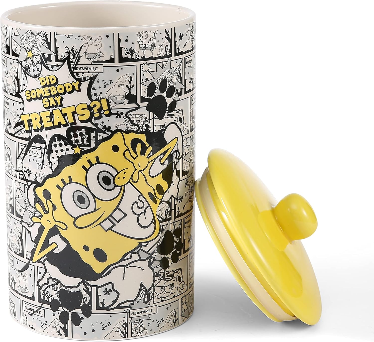“Did Somebody Say Treats” – Tarro de cerámica para perros de 10 x 5 con tapa, apto para lavavajillas, Bob Esponja, cilindro amarillo para