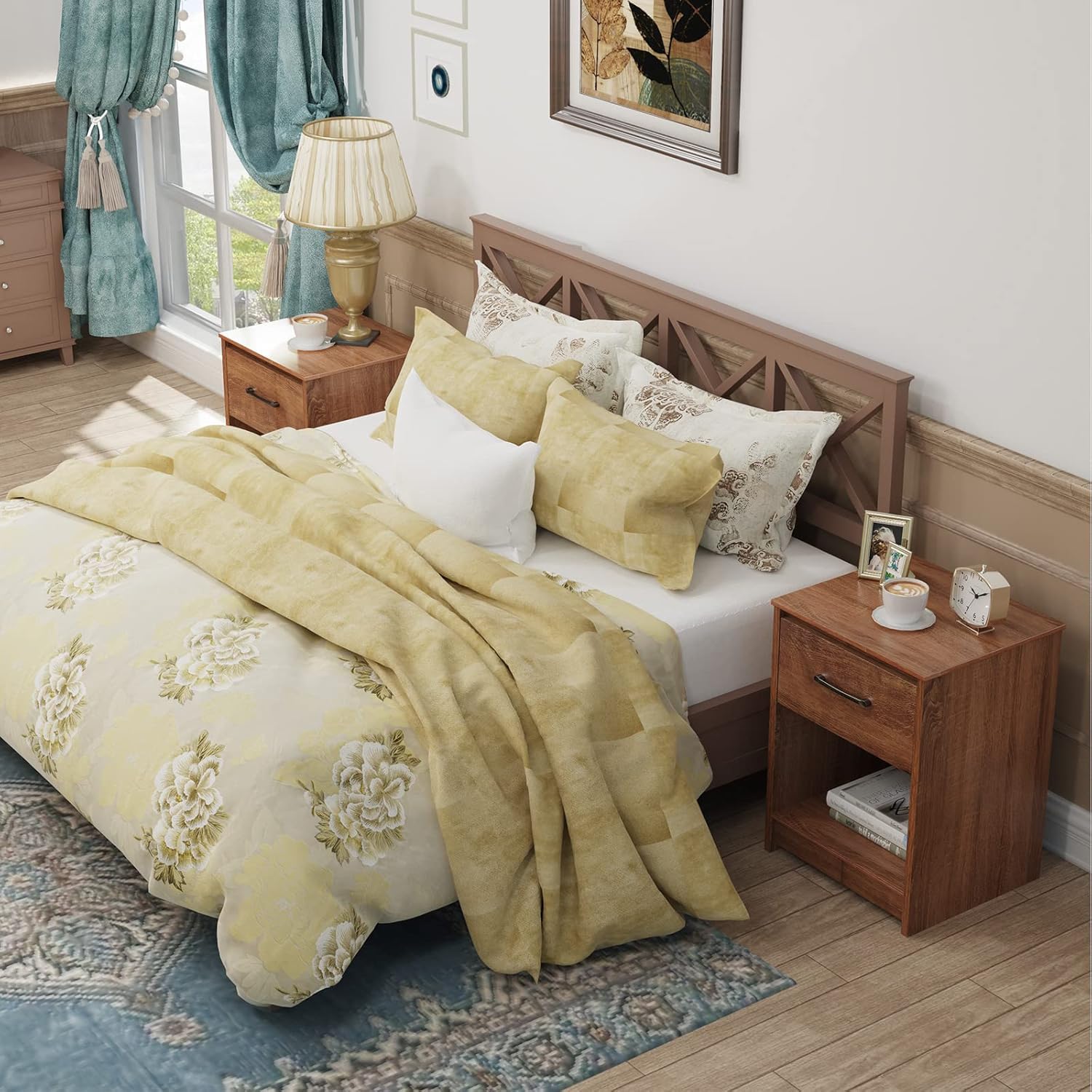 Giantex Mesita de noche con cajón, juego de 2 mesas auxiliares de madera con compartimento de almacenamiento abierto, mesa auxiliar multiusos para