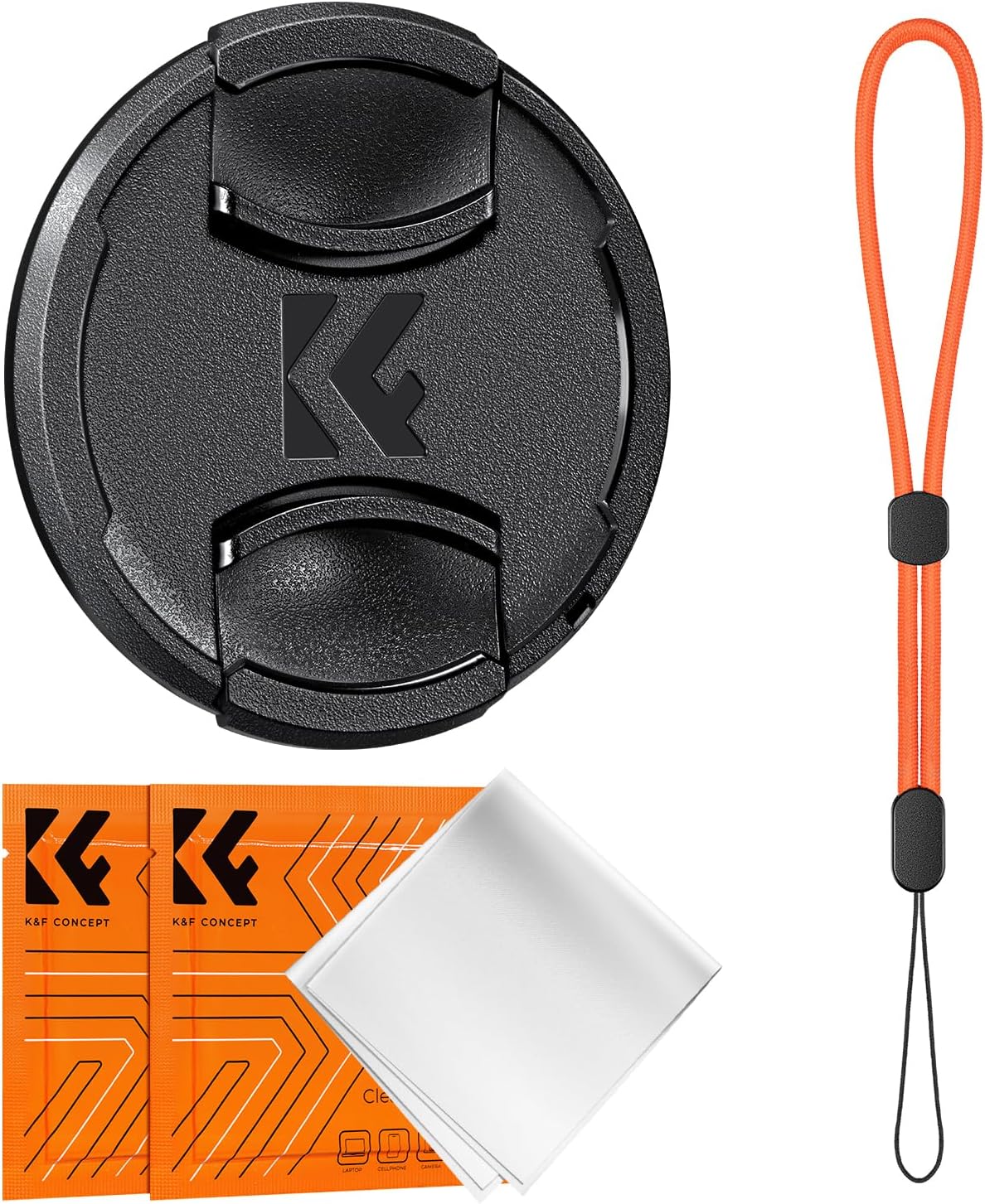 K&F Concept Cubierta de tapa de lente de 1.929 in, cubierta de lente central 4 en 1 + correa antipérdida + kits de paño de limpieza de microfibra