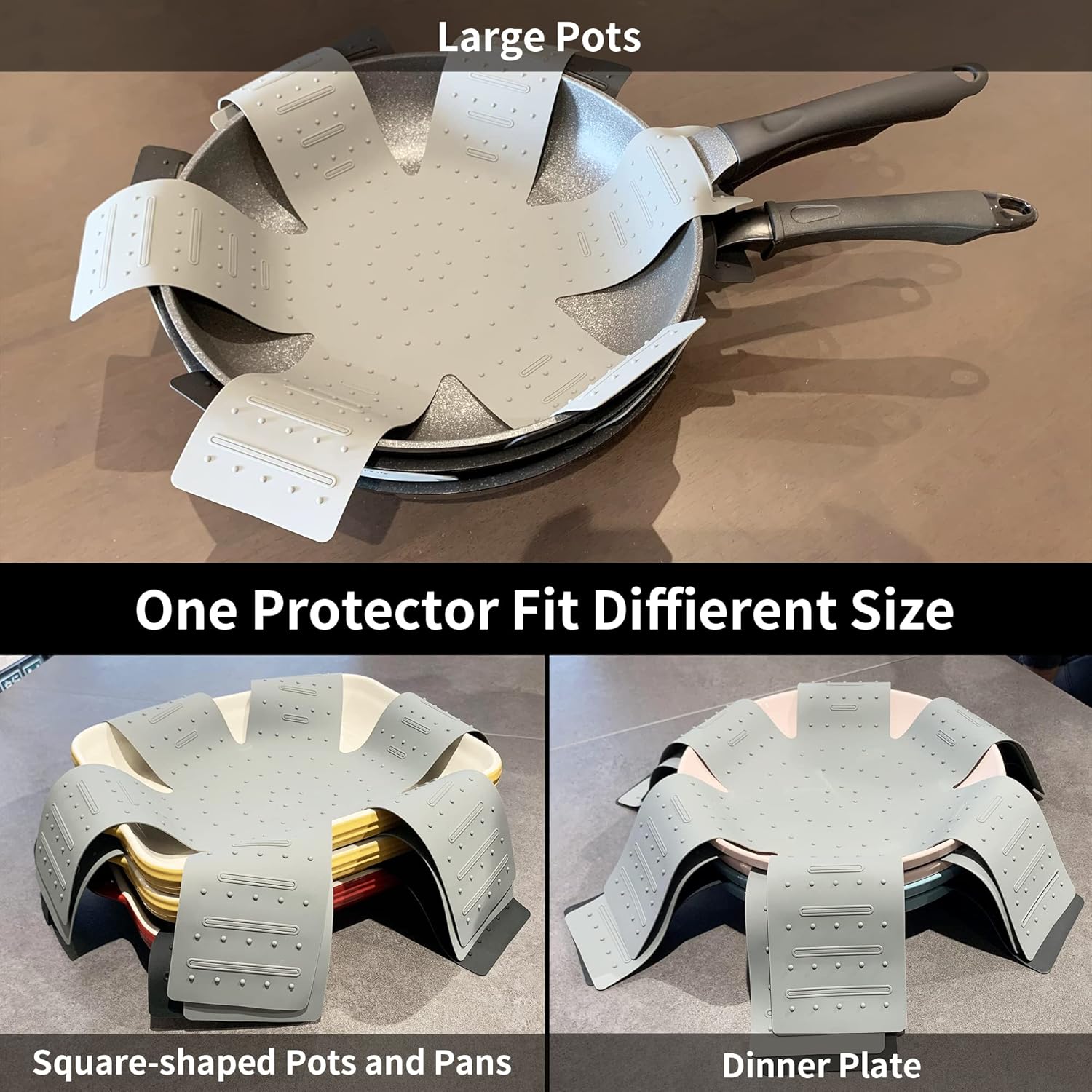 Protectores de ollas y sartenes para apilar, separadores de ollas, protectores de utensilios de cocina, paquete de 3, separadores antideslizantes y