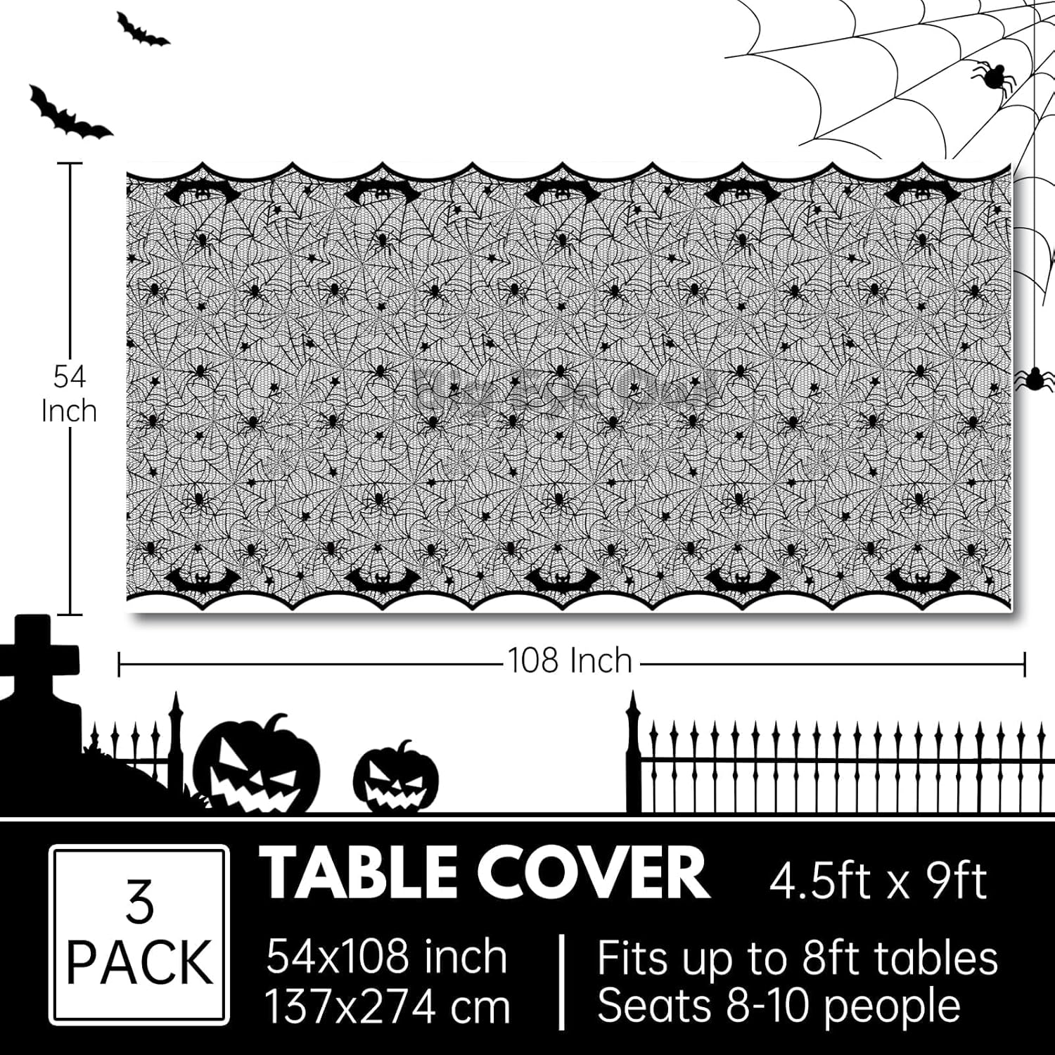 3 manteles de tela de araña de Halloween, de plástico, rectangular, desechable, color negro, con diseño de murciélago aterrador, para suministros de
